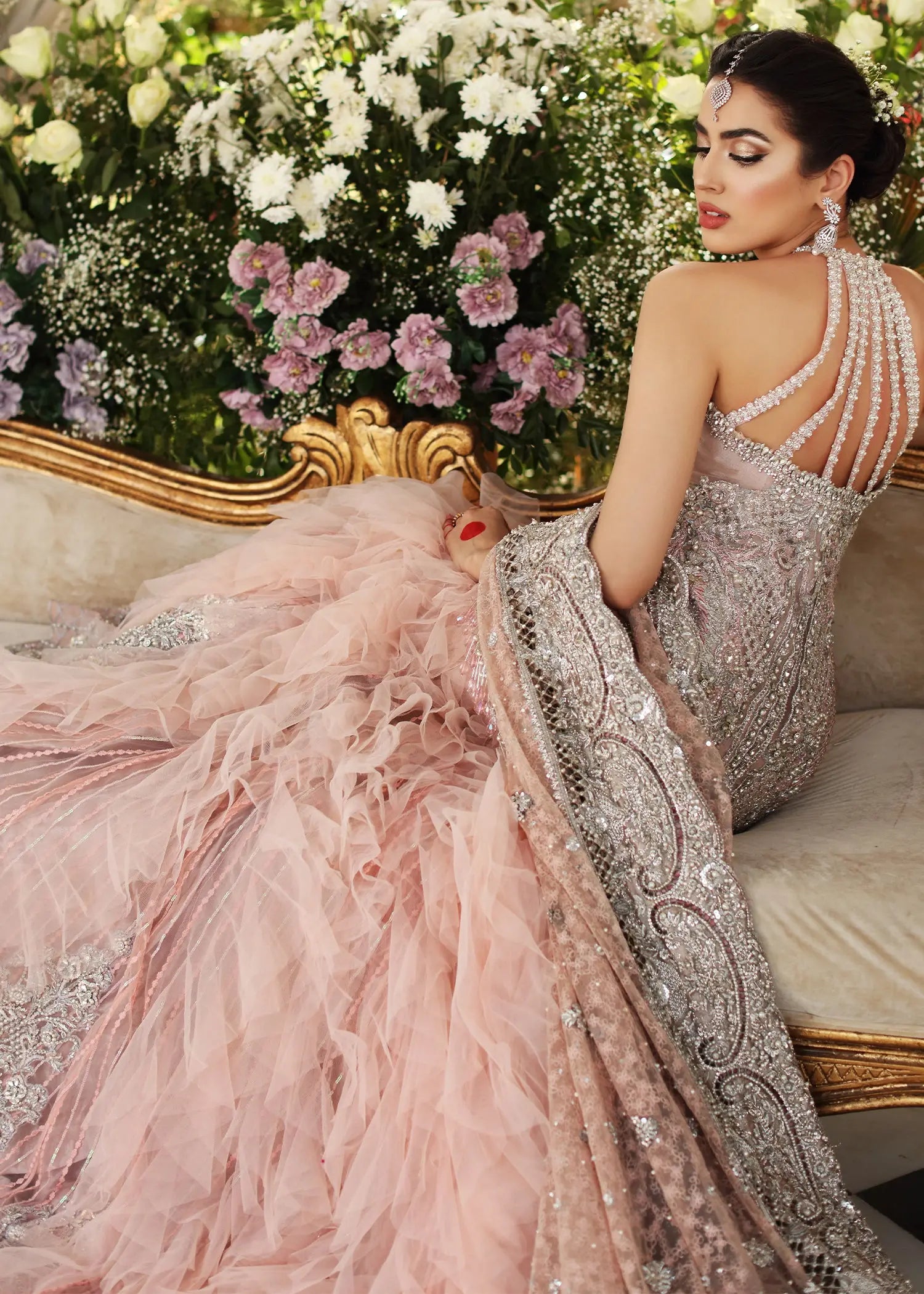 Pakistani Dusty Pink Embellished Net Bridal Gown (2-Piece) - Image 4