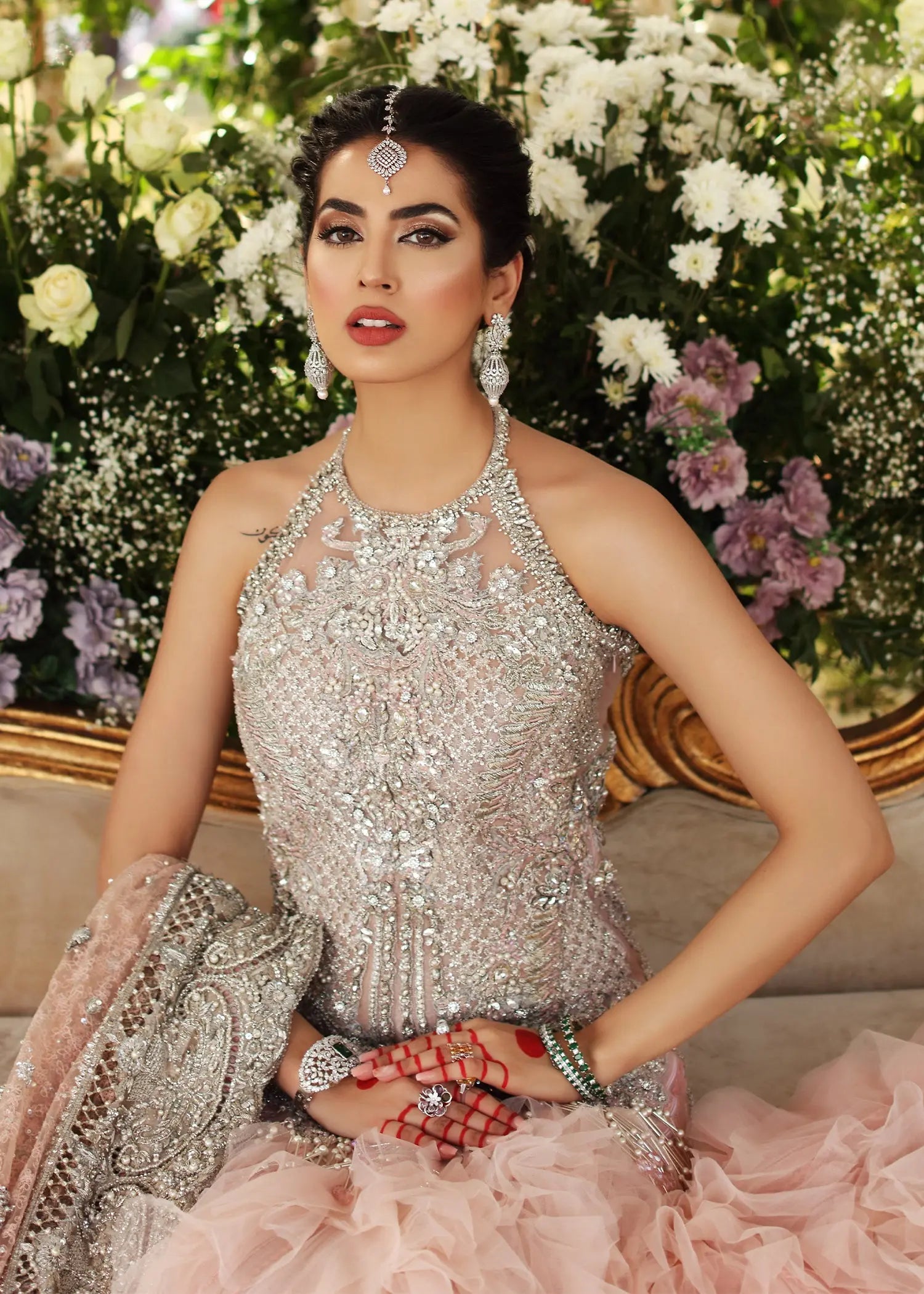 Pakistani Dusty Pink Embellished Net Bridal Gown (2-Piece) - Image 7