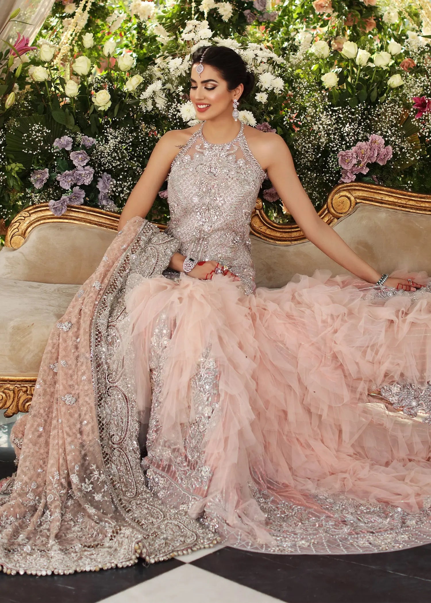 Pakistani Dusty Pink Embellished Net Bridal Gown (2-Piece) - Image 8