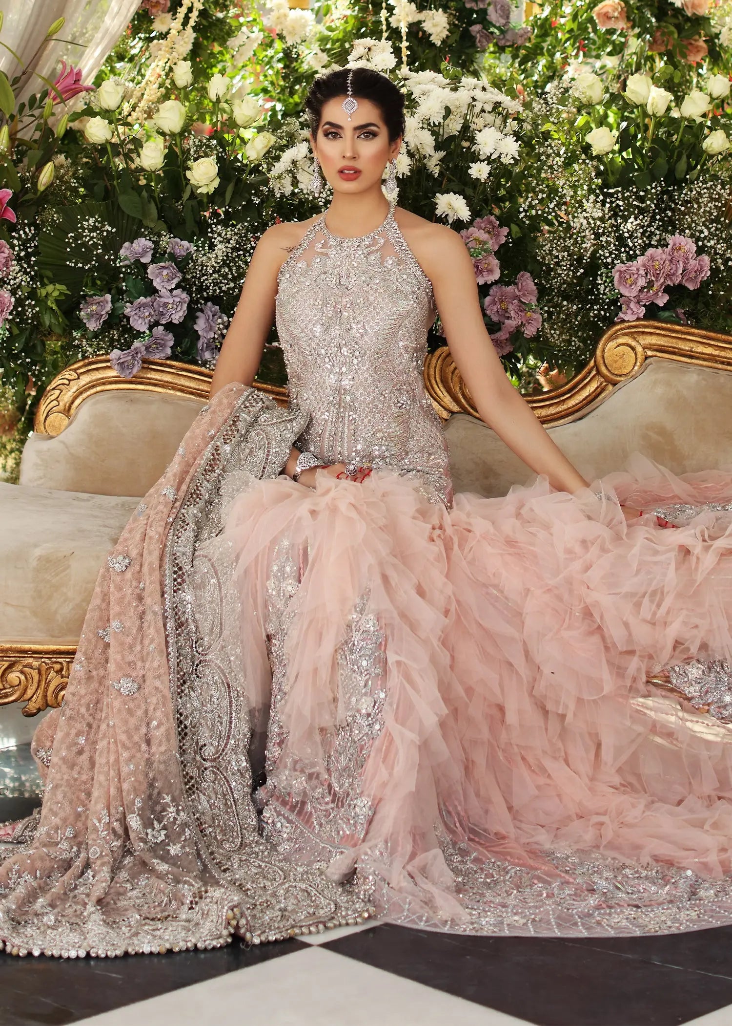 Pakistani Dusty Pink Embellished Net Bridal Gown (2-Piece) - Image 9