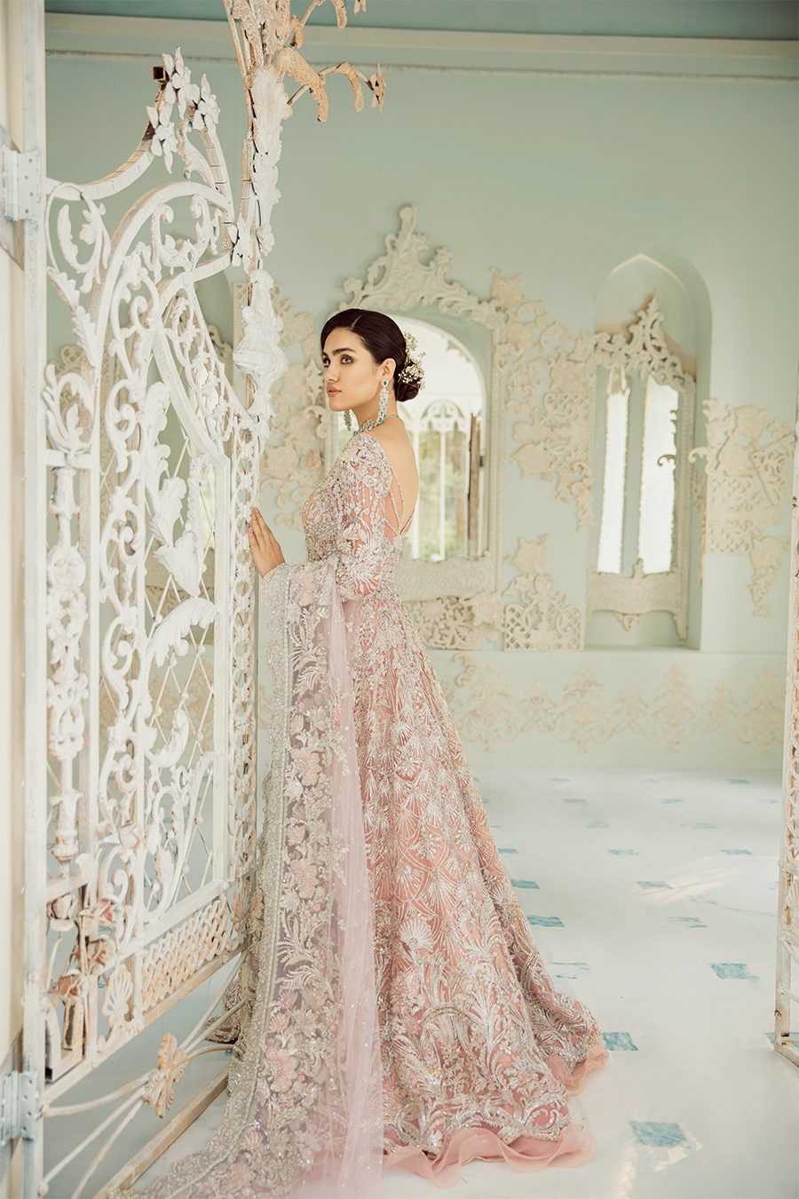 Carnation Pink Embellished Net Bridal Gown (2-Piece) - Image 3