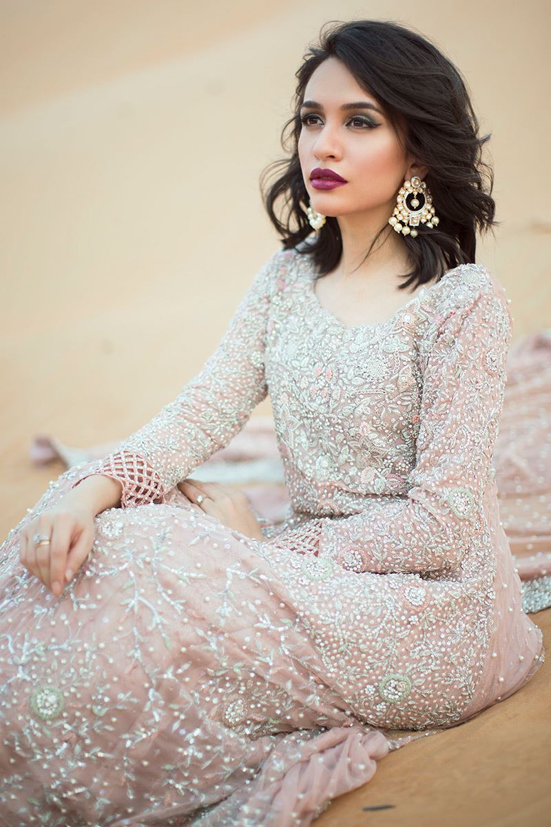 Blush Pink Embellished Net Bridal Gown (2-Piece) - Image 2