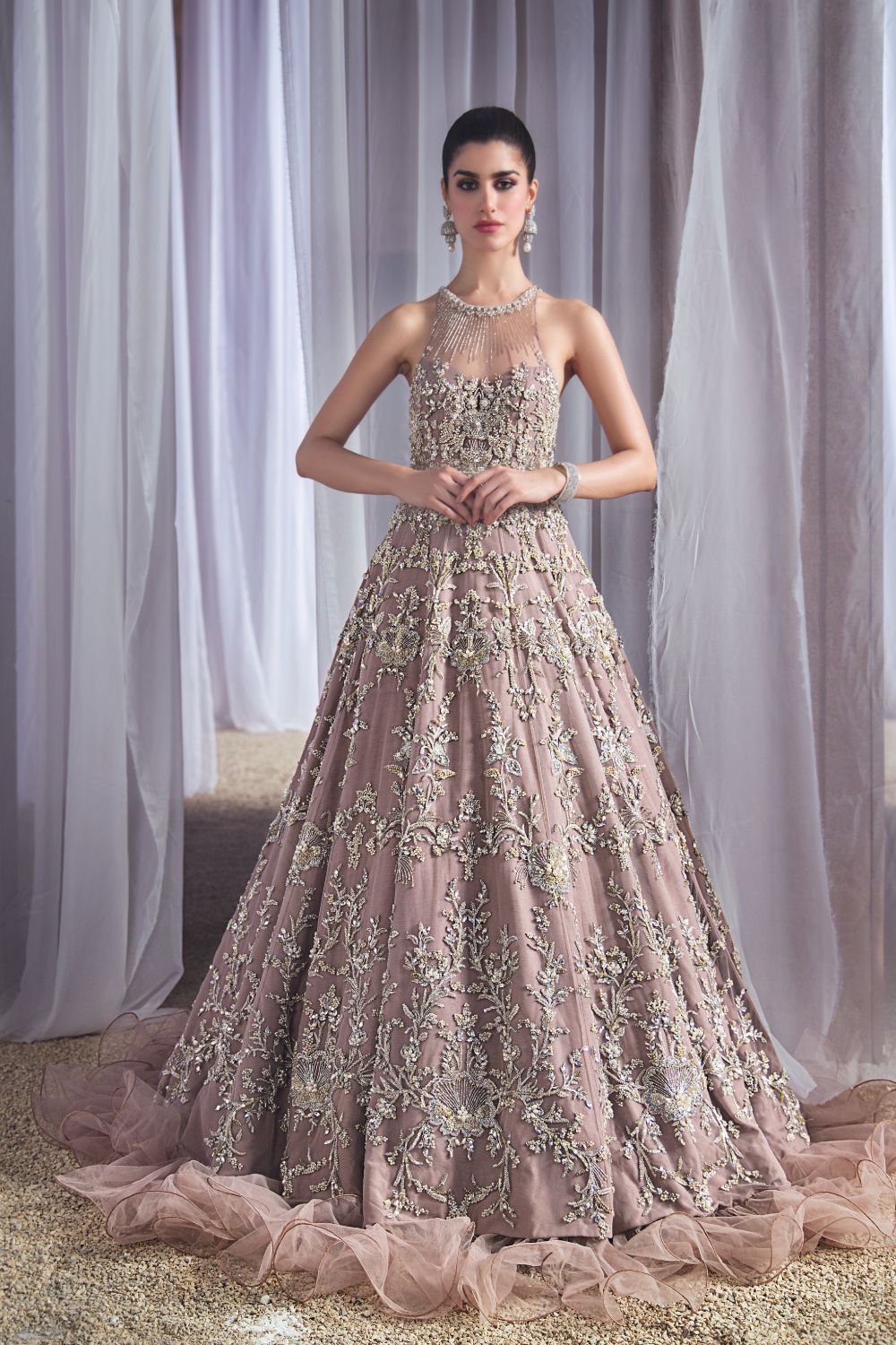 Pakistani Blush Pink Embellished Net Maxi (1-Pc) - Image 4