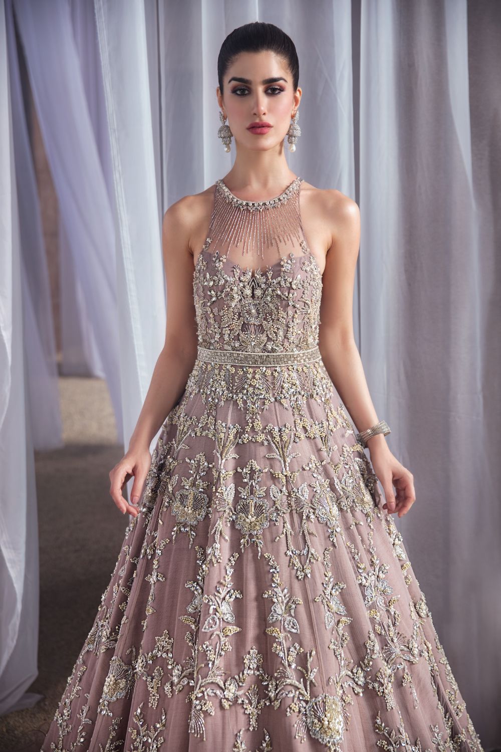 Pakistani Pink Embellished Net Maxi Dress (1-Pc) - Image 1