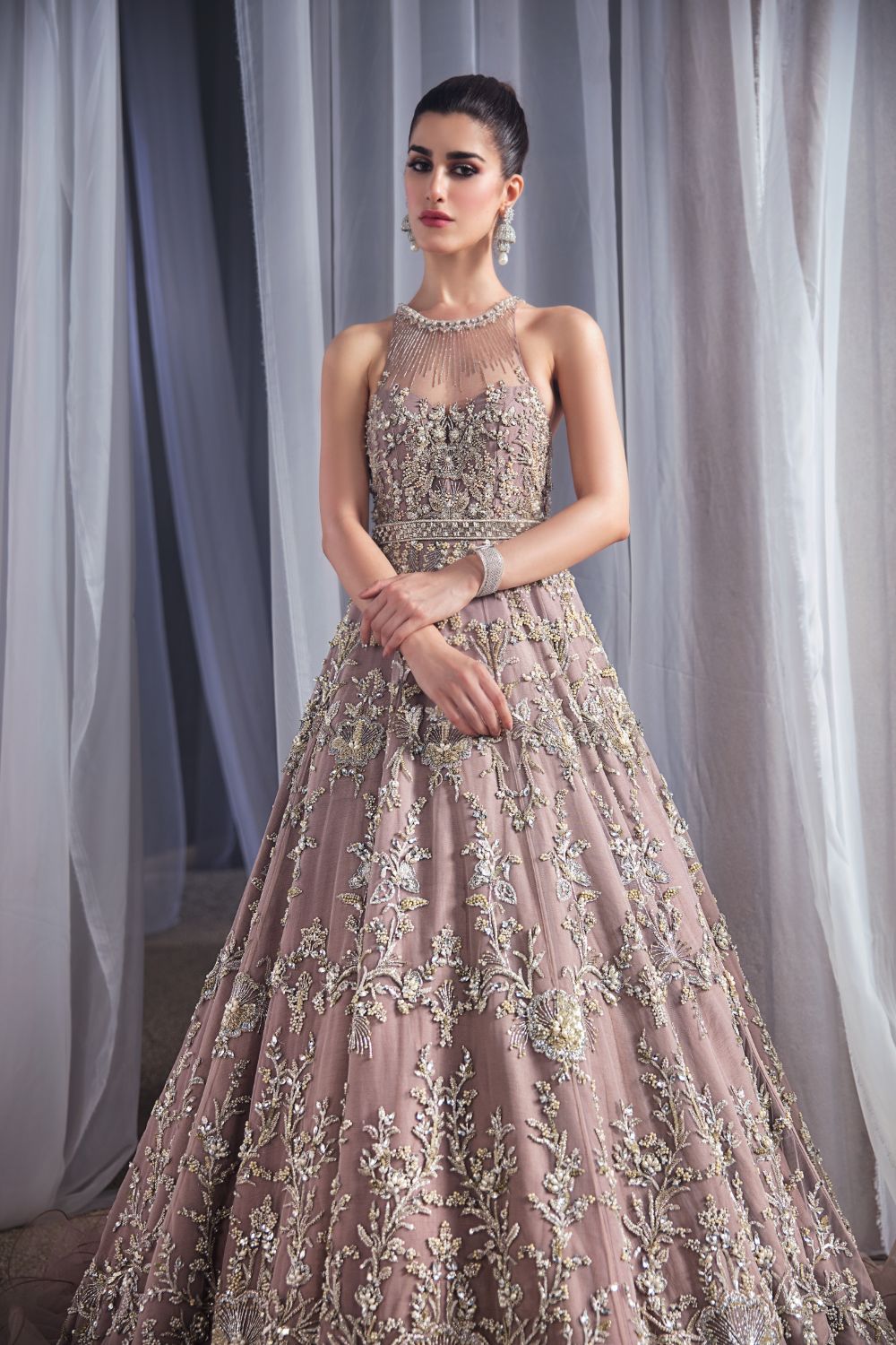 Pakistani Pink Embellished Net Maxi Dress (1-Pc) - Image 2