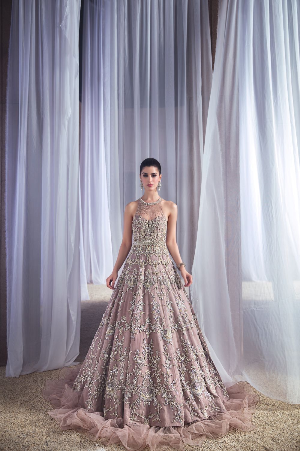 Pakistani Pink Embellished Net Maxi Dress (1-Pc) - Image 3