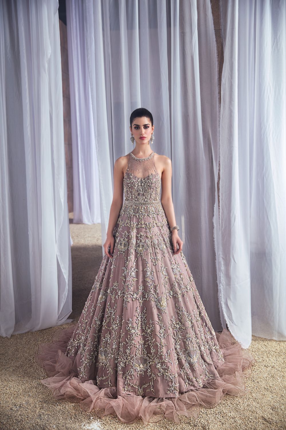 Pakistani Pink Embellished Net Maxi Dress (1-Pc) - Image 5