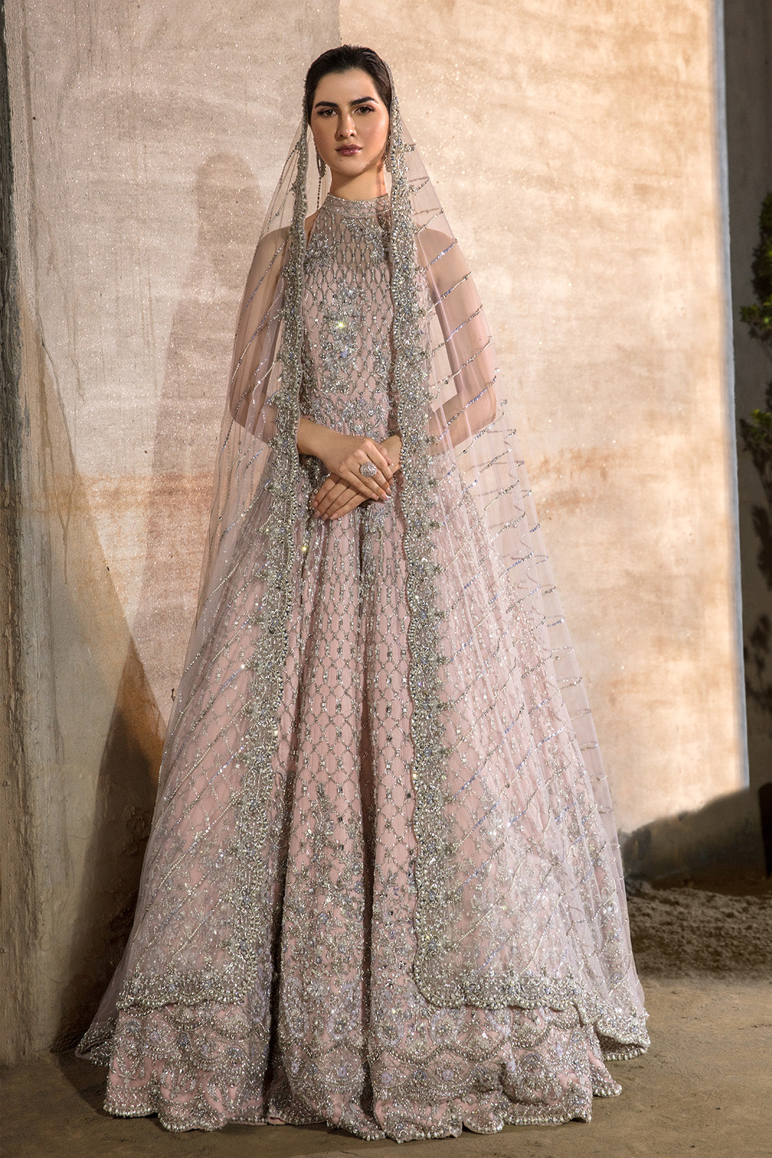 Pakistani Blush Pink Embellished Net Bridal Gown (2-Piece) - Image 1