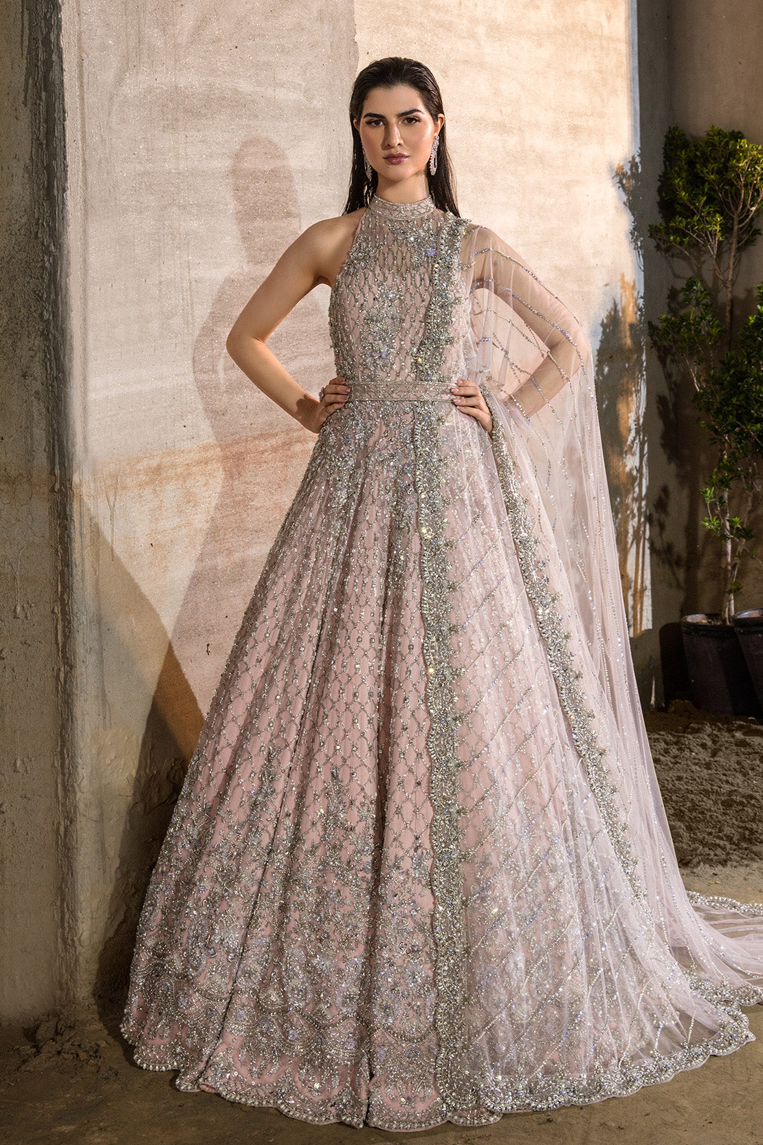 Pakistani Blush Pink Embellished Net Bridal Gown (2-Piece) - Image 2