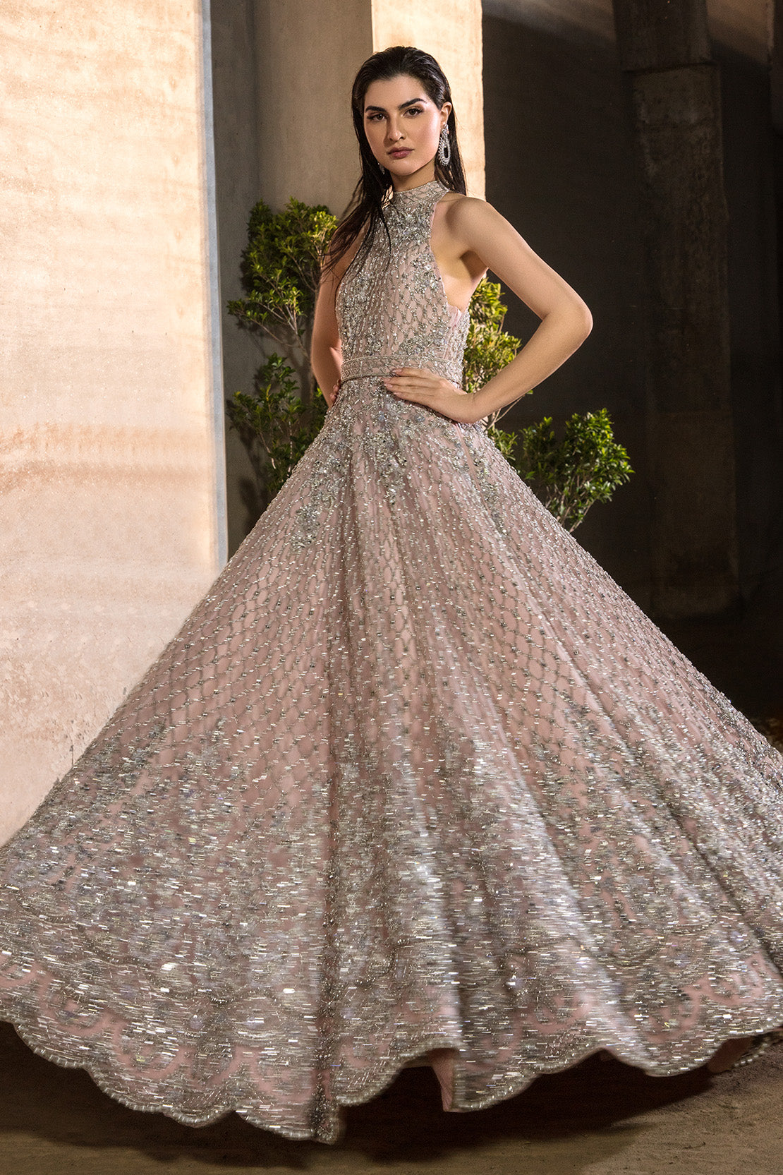 Pakistani Blush Pink Embellished Net Bridal Gown (2-Piece) - Image 5
