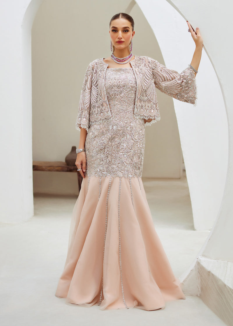 Soft Pink Embroidered Net & Raw Silk Gown (3-Piece) - Image 1