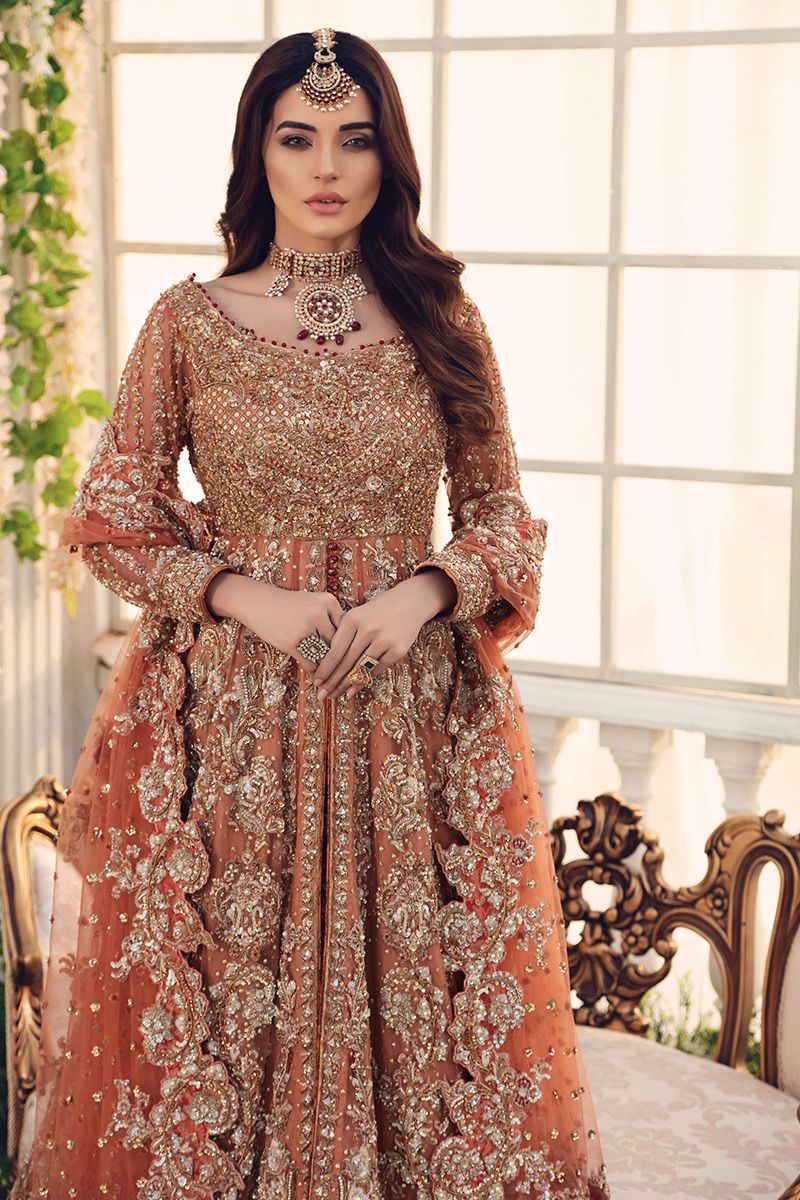 Salmon Zardozi Net Gown with Red Silk Lehnga (3-Piece) - Image 2