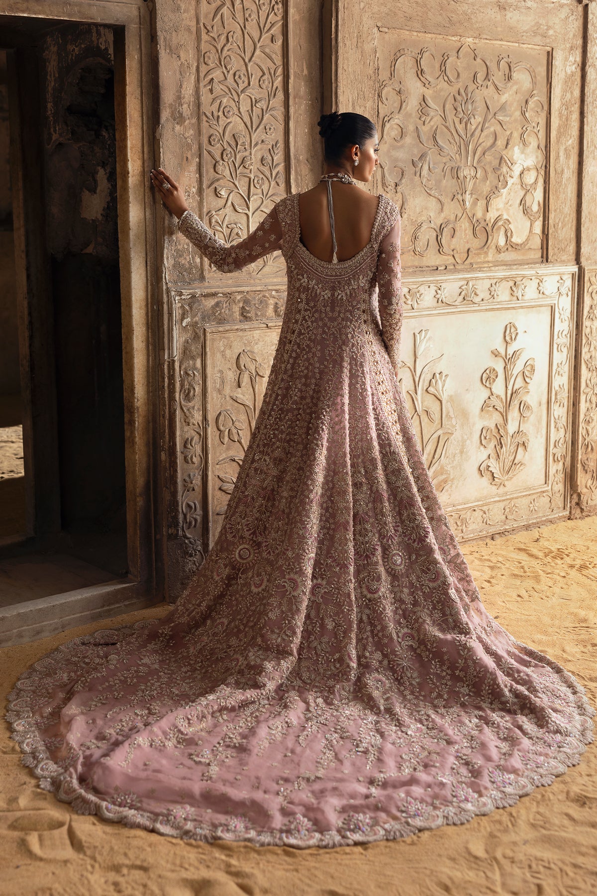 Blush Pink Embellished Net Bridal Gown (2-Piece) - Image 3