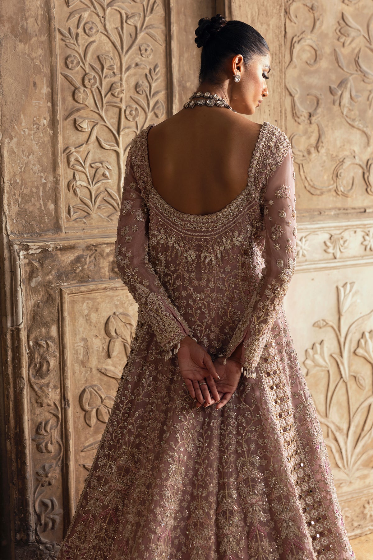 Blush Pink Embellished Net Bridal Gown (2-Piece) - Image 7