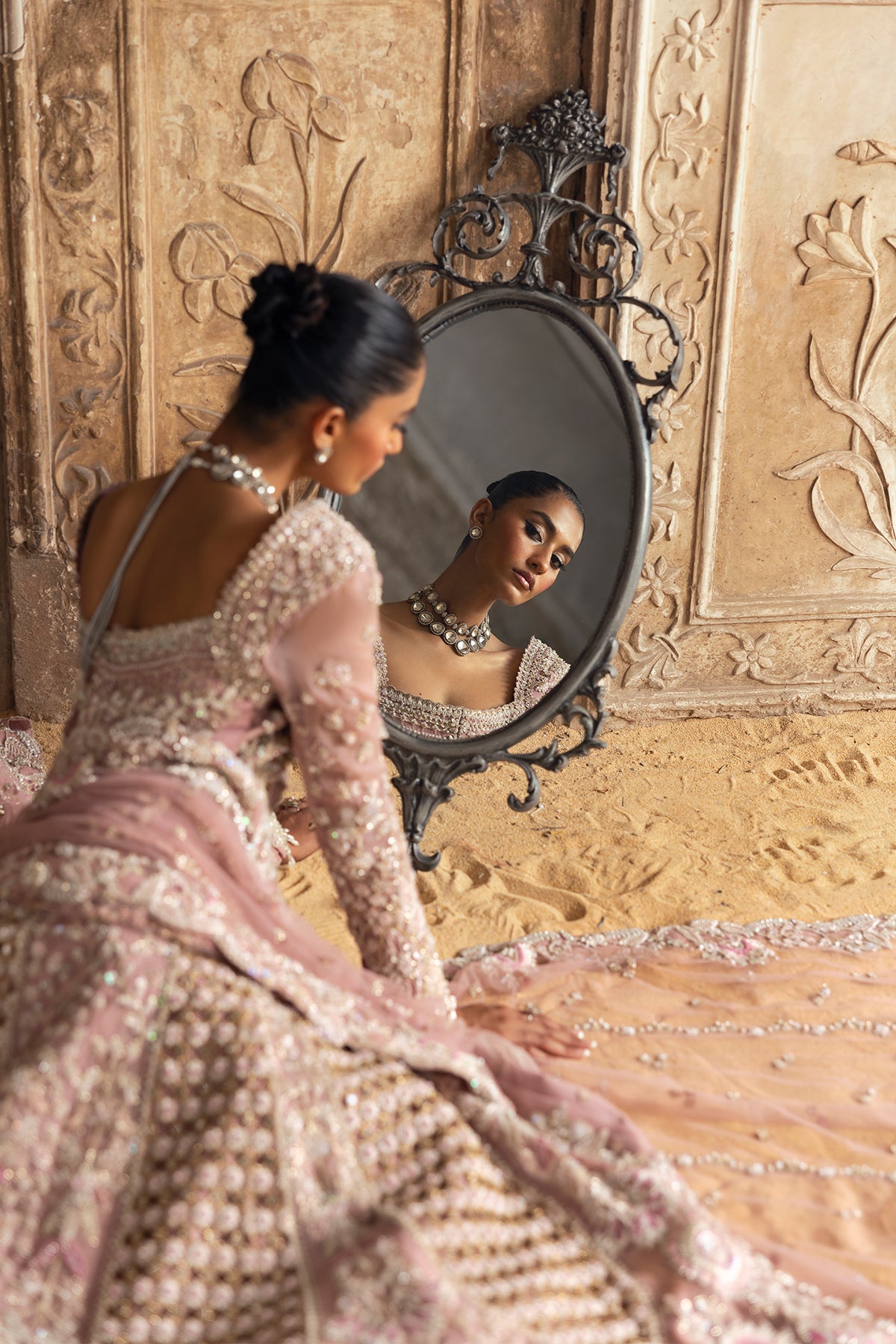 Blush Pink Embellished Net Bridal Gown (2-Piece) - Image 9