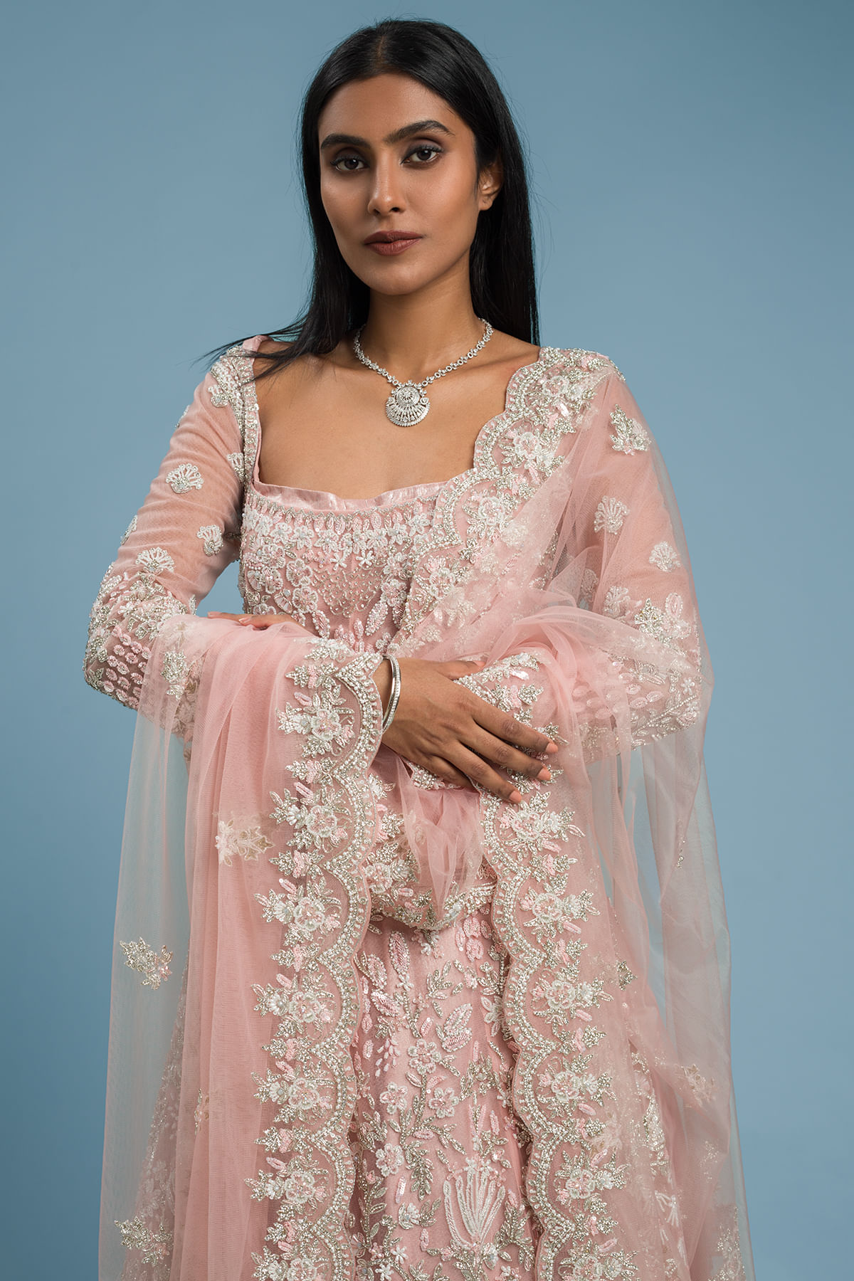 Candy Pink Embroidered Net Flared Gown (2-Piece) - Image 2