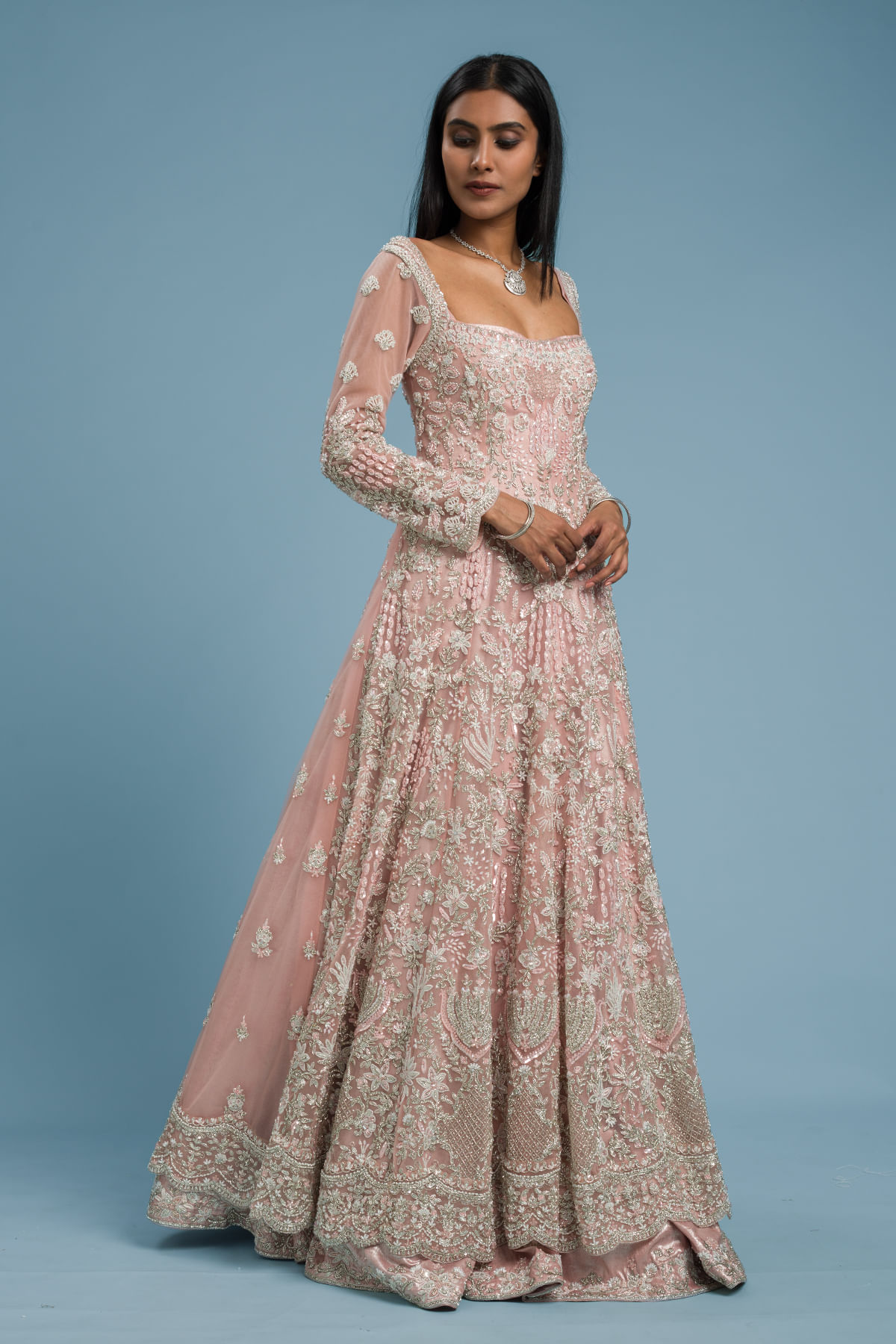 Candy Pink Embroidered Net Flared Gown (2-Piece) - Image 3