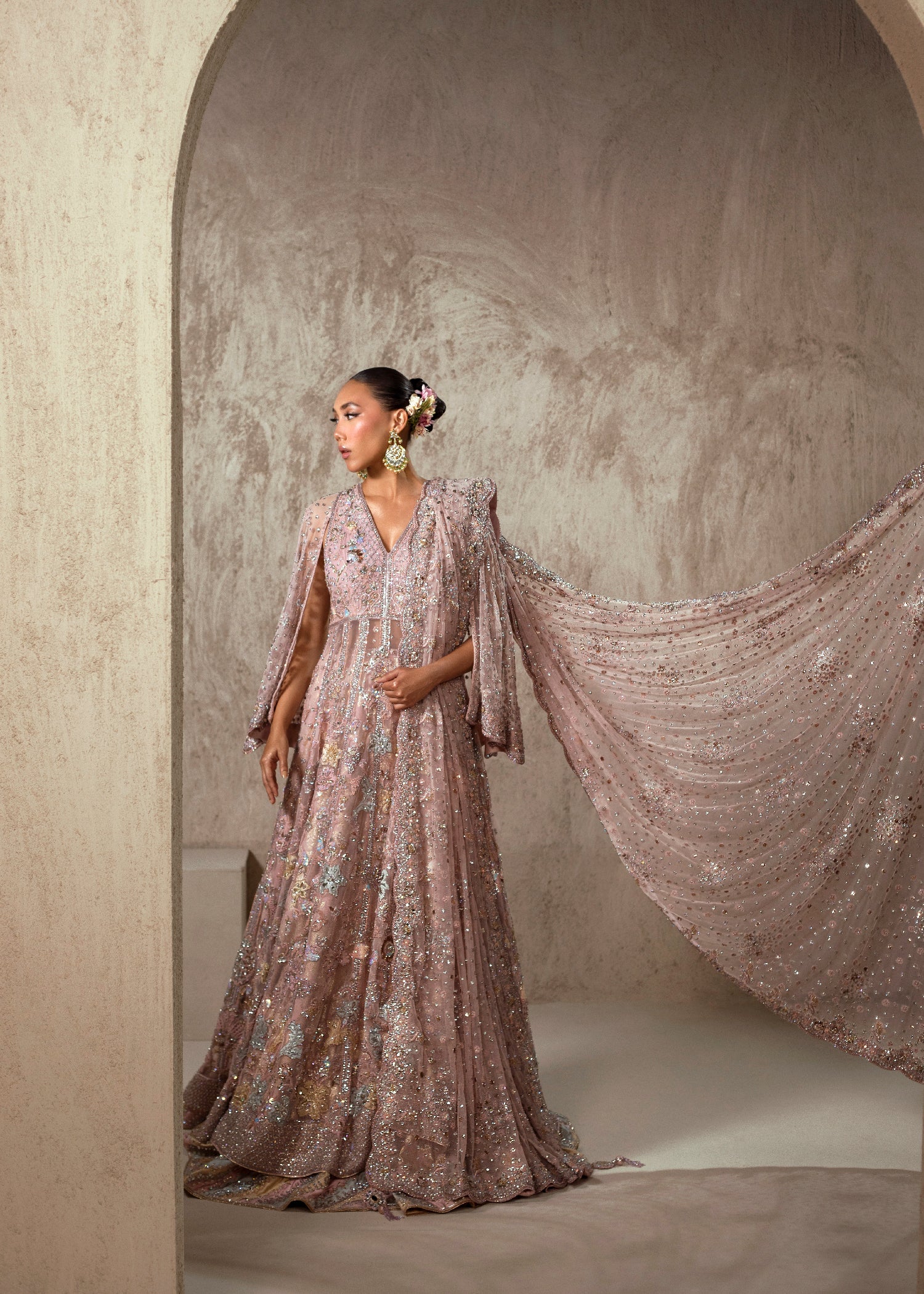 Pakistani Dusty Rose Embellished Net Bridal Gown (2-Piece) - Image 1