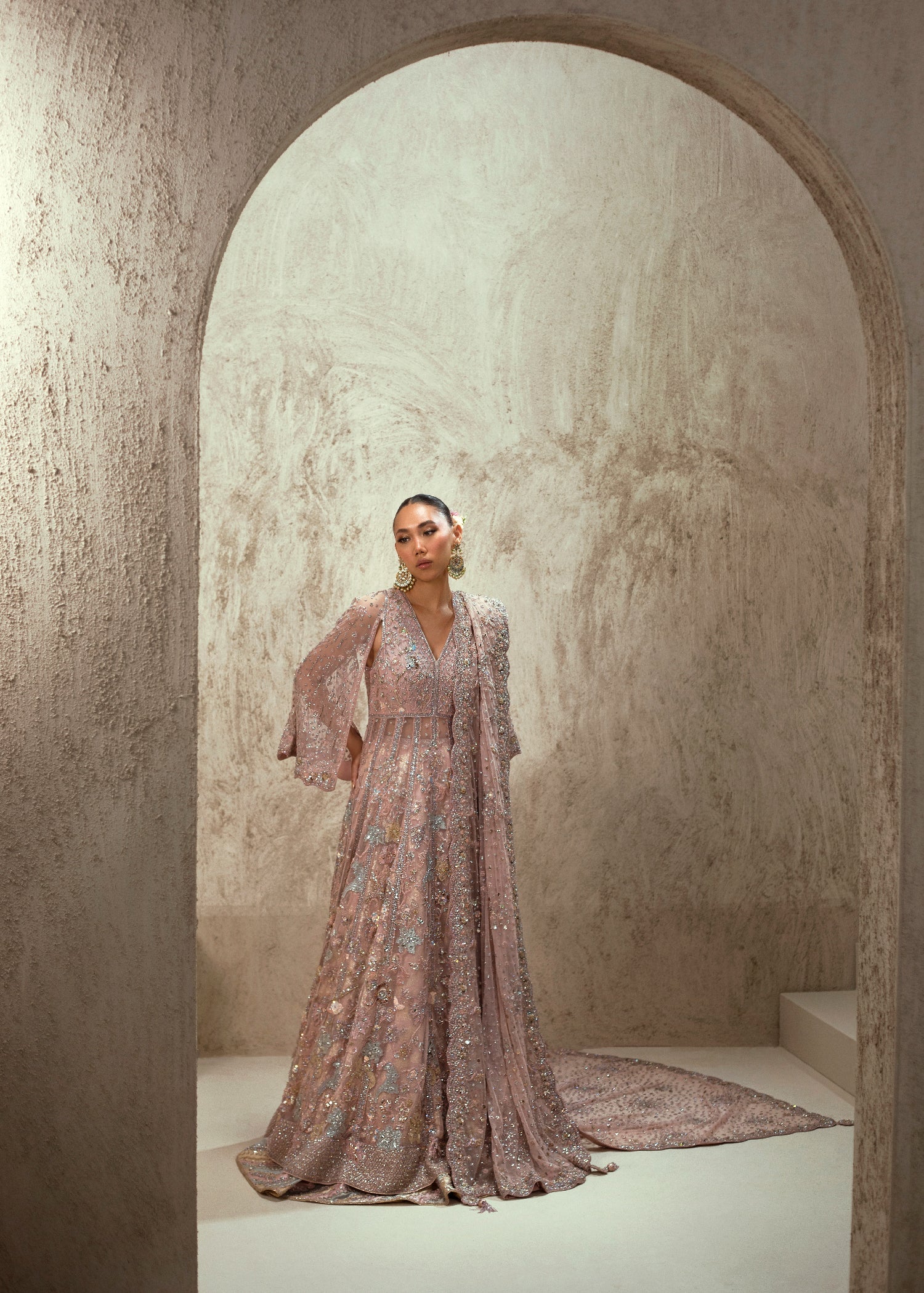 Pakistani Dusty Rose Embellished Net Bridal Gown (2-Piece) - Image 2