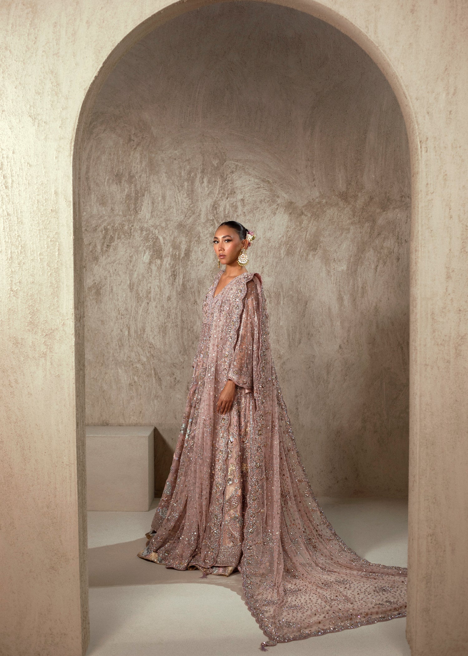 Pakistani Dusty Rose Embellished Net Bridal Gown (2-Piece) - Image 4