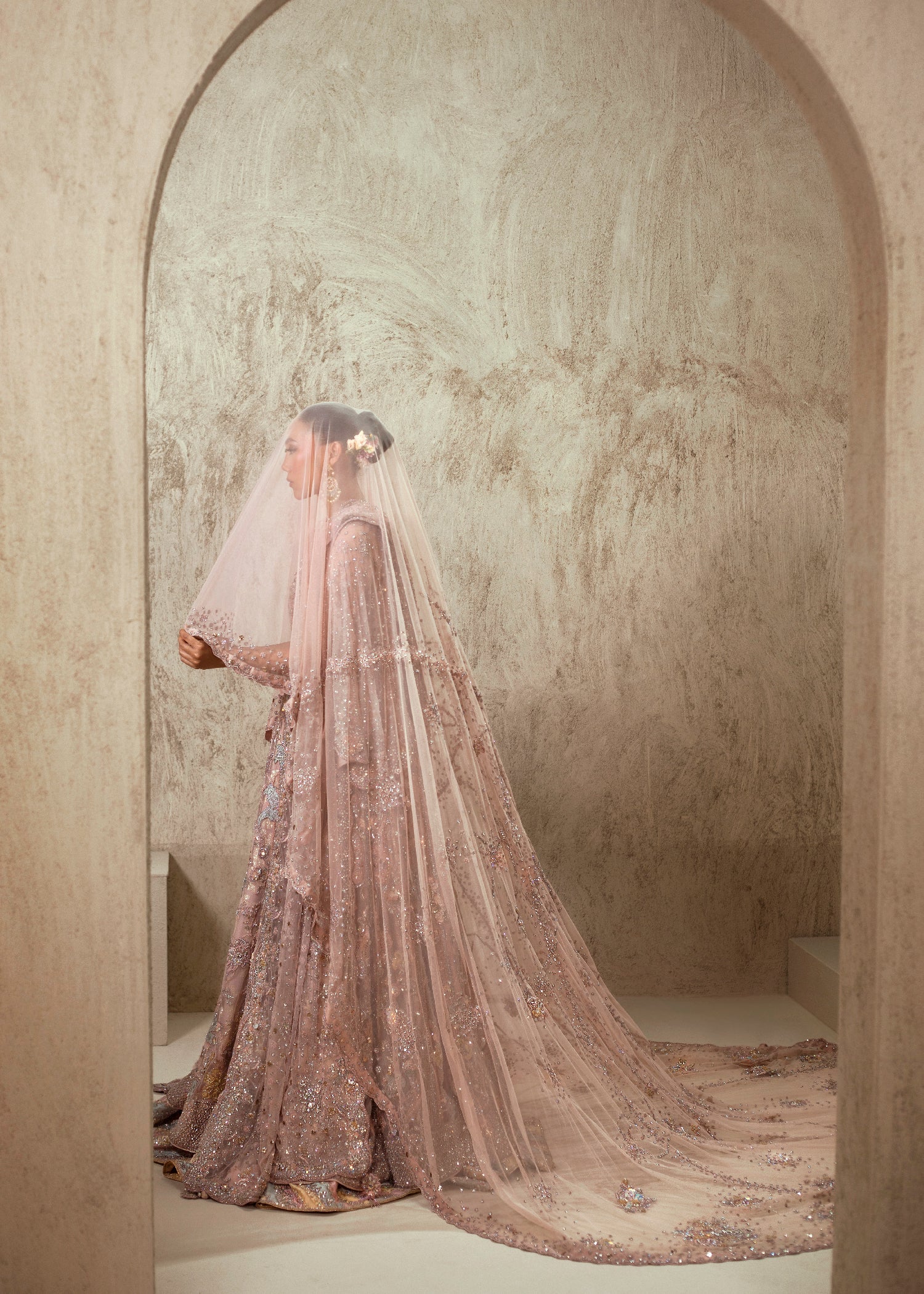 Pakistani Dusty Rose Embellished Net Bridal Gown (2-Piece) - Image 5