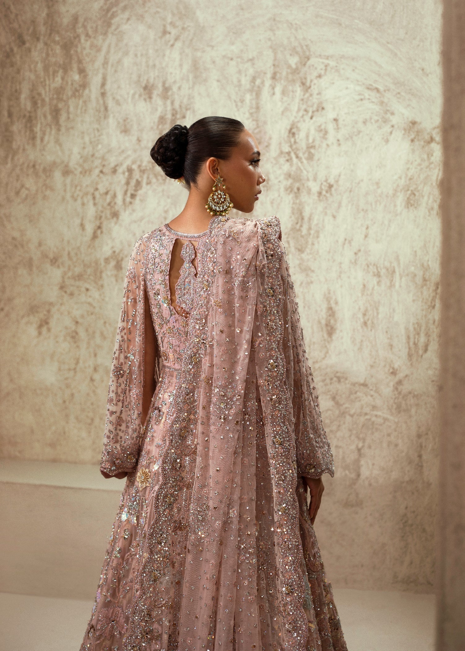 Pakistani Dusty Rose Embellished Net Bridal Gown (2-Piece) - Image 6