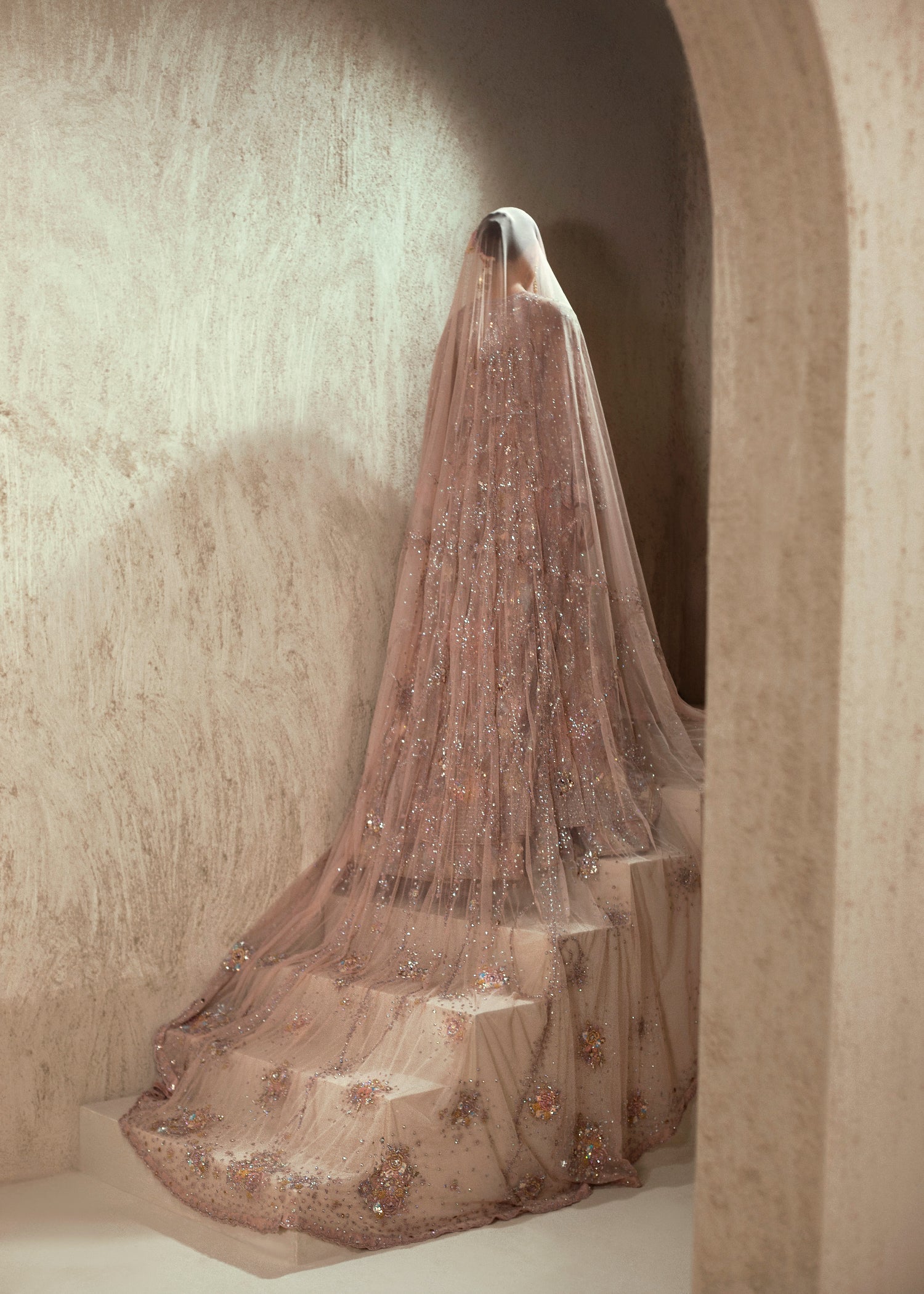 Pakistani Dusty Rose Embellished Net Bridal Gown (2-Piece) - Image 7