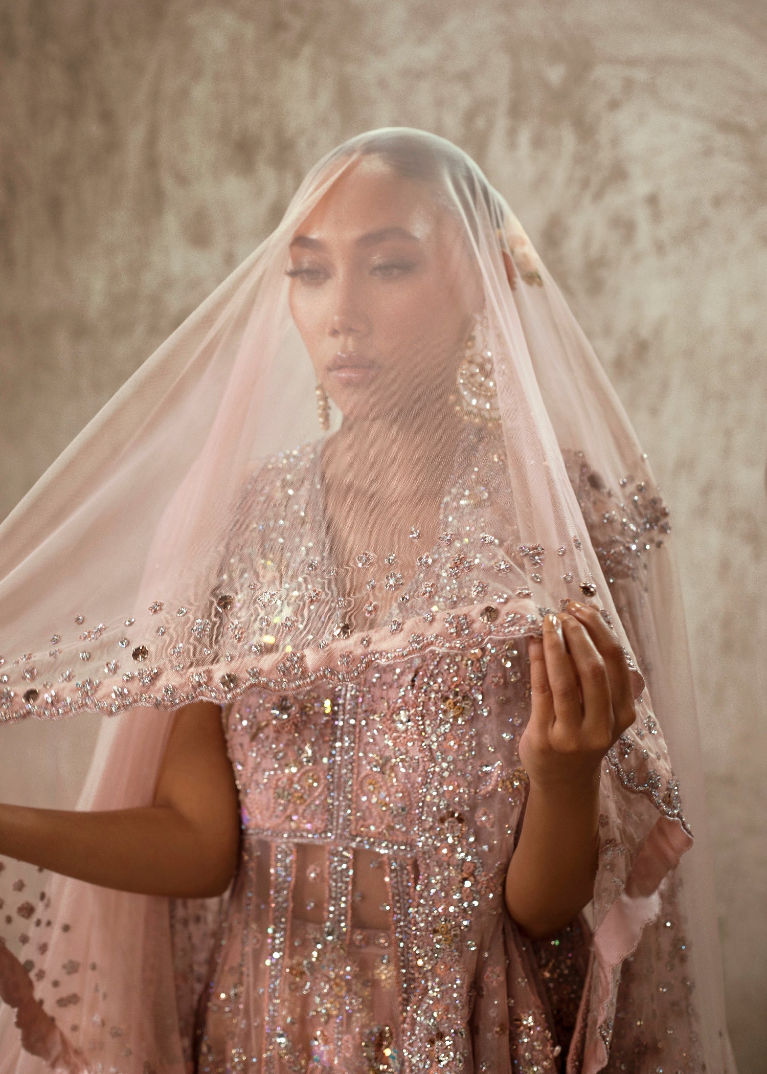 Pakistani Dusty Rose Embellished Net Bridal Gown (2-Piece) - Image 8