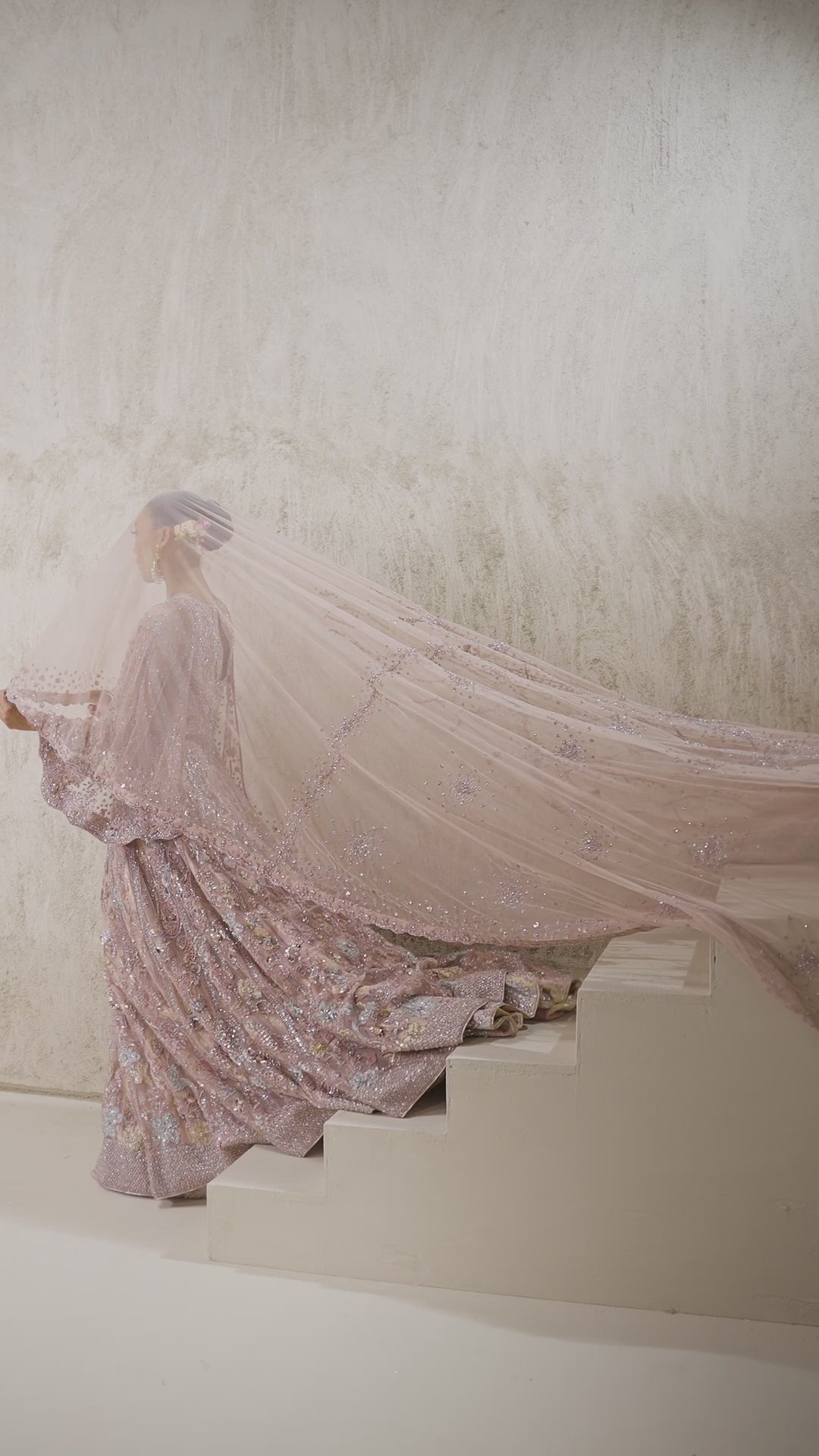 Pakistani Dusty Rose Embellished Net Bridal Gown (2-Piece) - Image 9