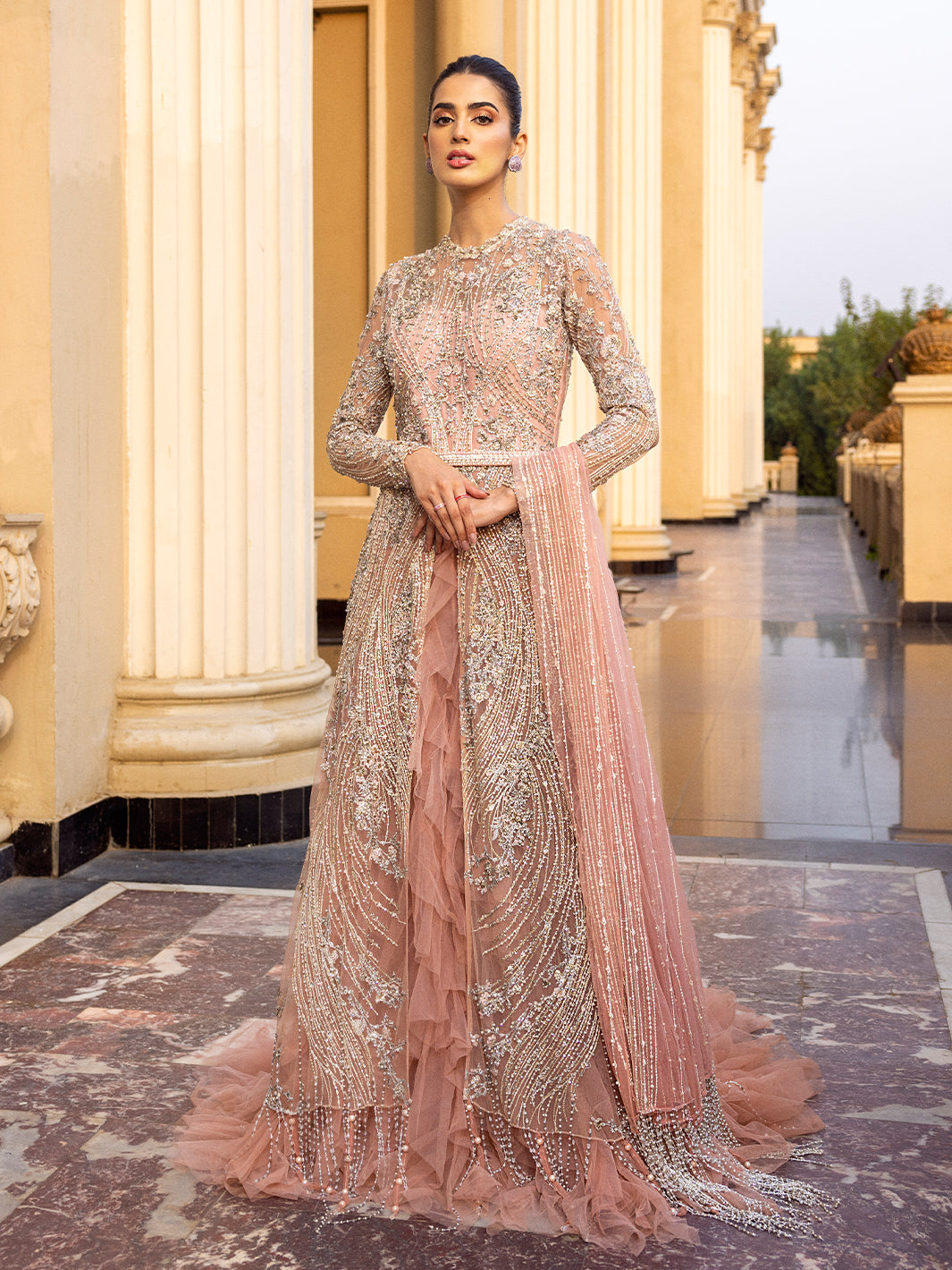 Pastel Pink Embroidered Net Front-Open Gown (3-Piece) - Image 2