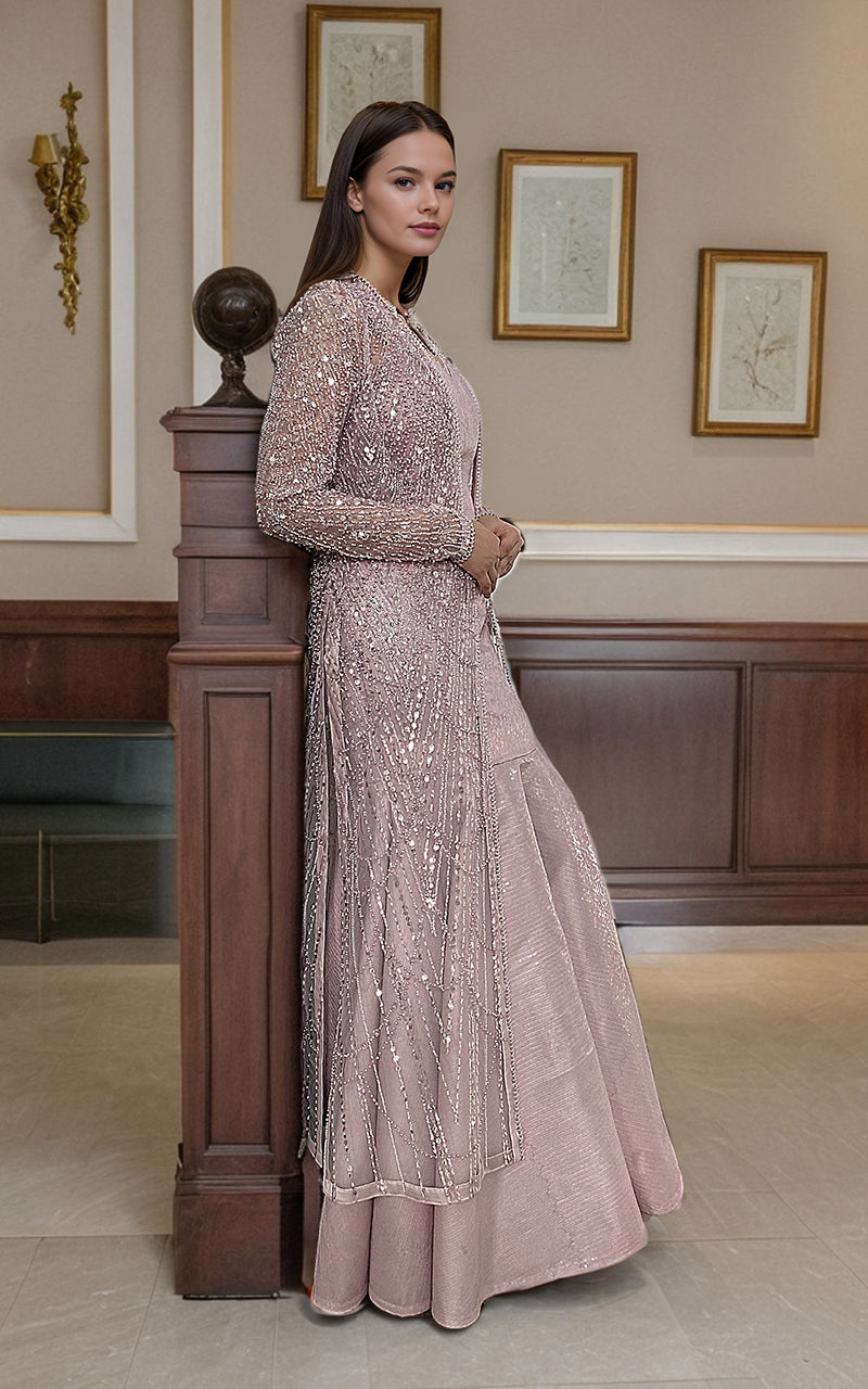 Pakistani Dusty Pink Sequin Net Jacket with Satin Maxi (2-Piece) - Image 2