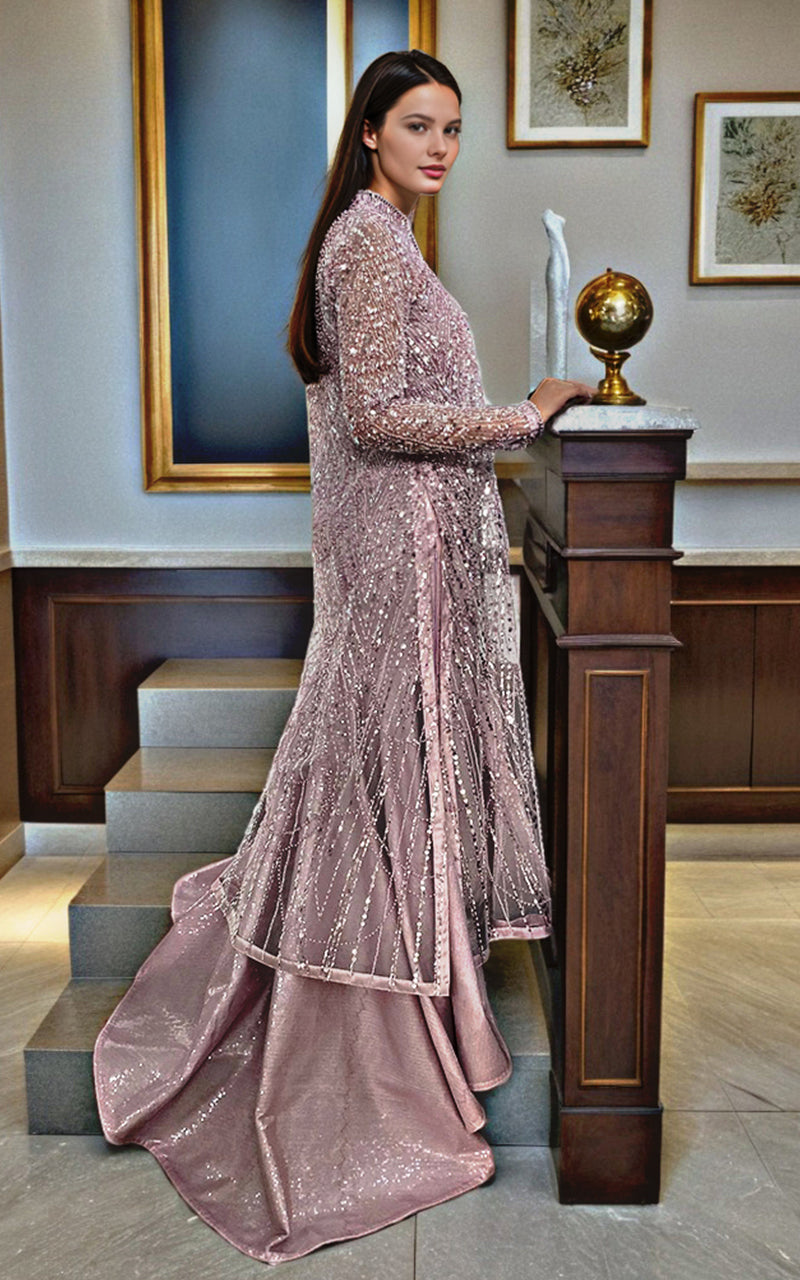 Pakistani Dusty Pink Sequin Net Jacket with Satin Maxi (2-Piece) - Image 3