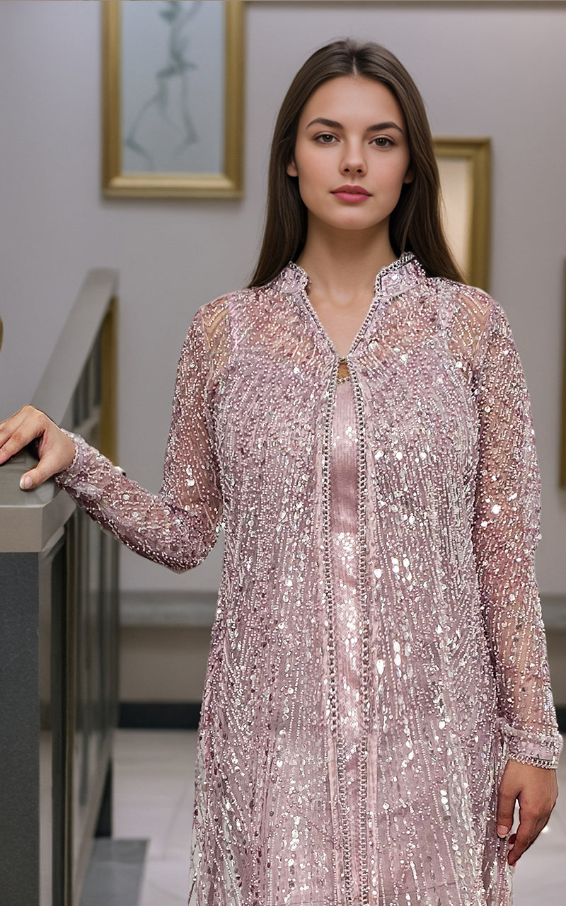 Pakistani Dusty Pink Sequin Net Jacket with Satin Maxi (2-Piece) - Image 4