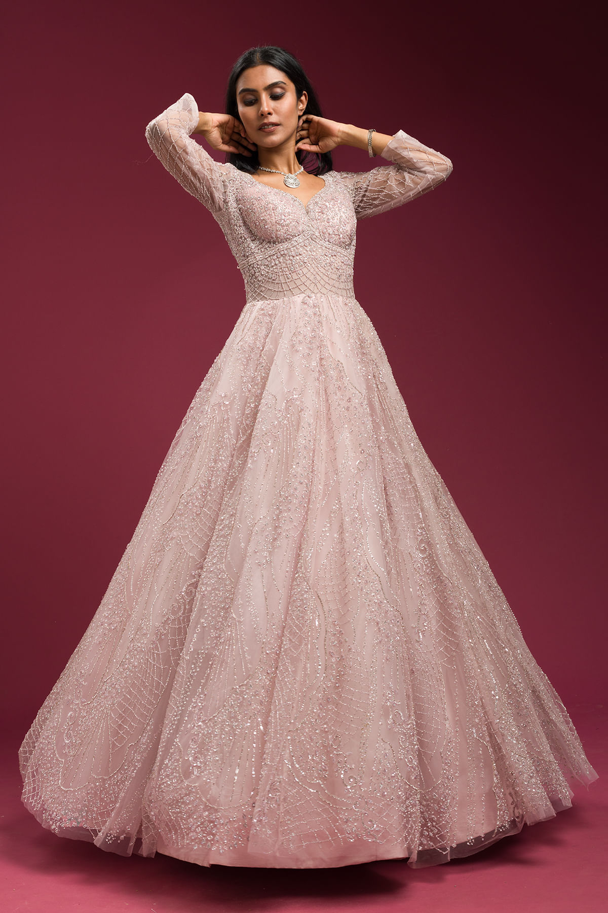 Light Pink Embellished Net Bridal Gown (1-Pc) - Image 1