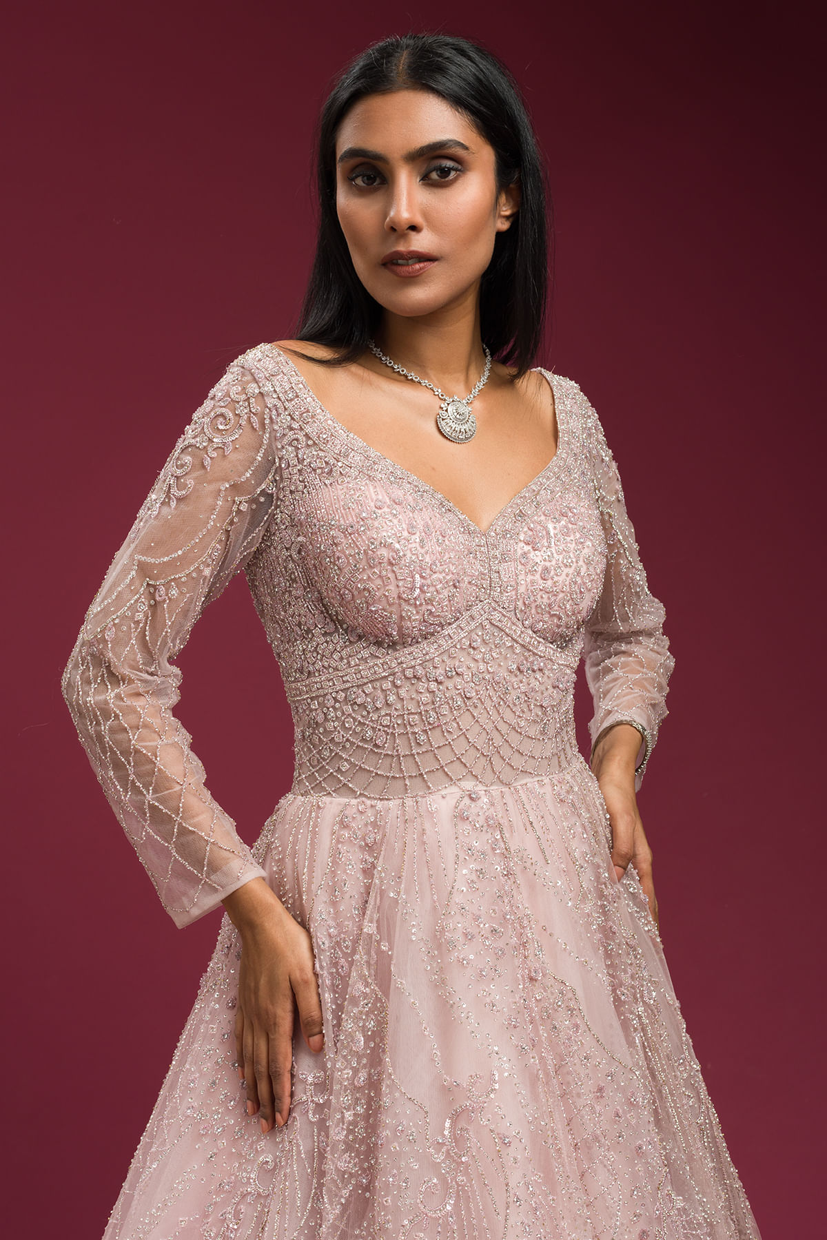 Light Pink Embellished Net Bridal Gown (1-Pc) - Image 2