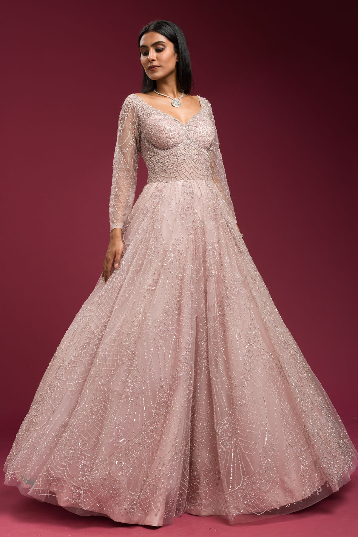 Light Pink Embellished Net Bridal Gown (1-Pc) - Image 3
