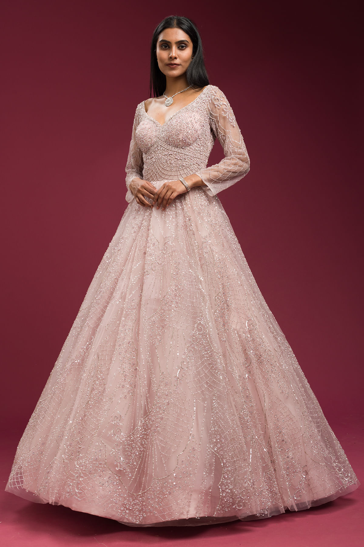 Light Pink Embellished Net Bridal Gown (1-Pc) - Image 4