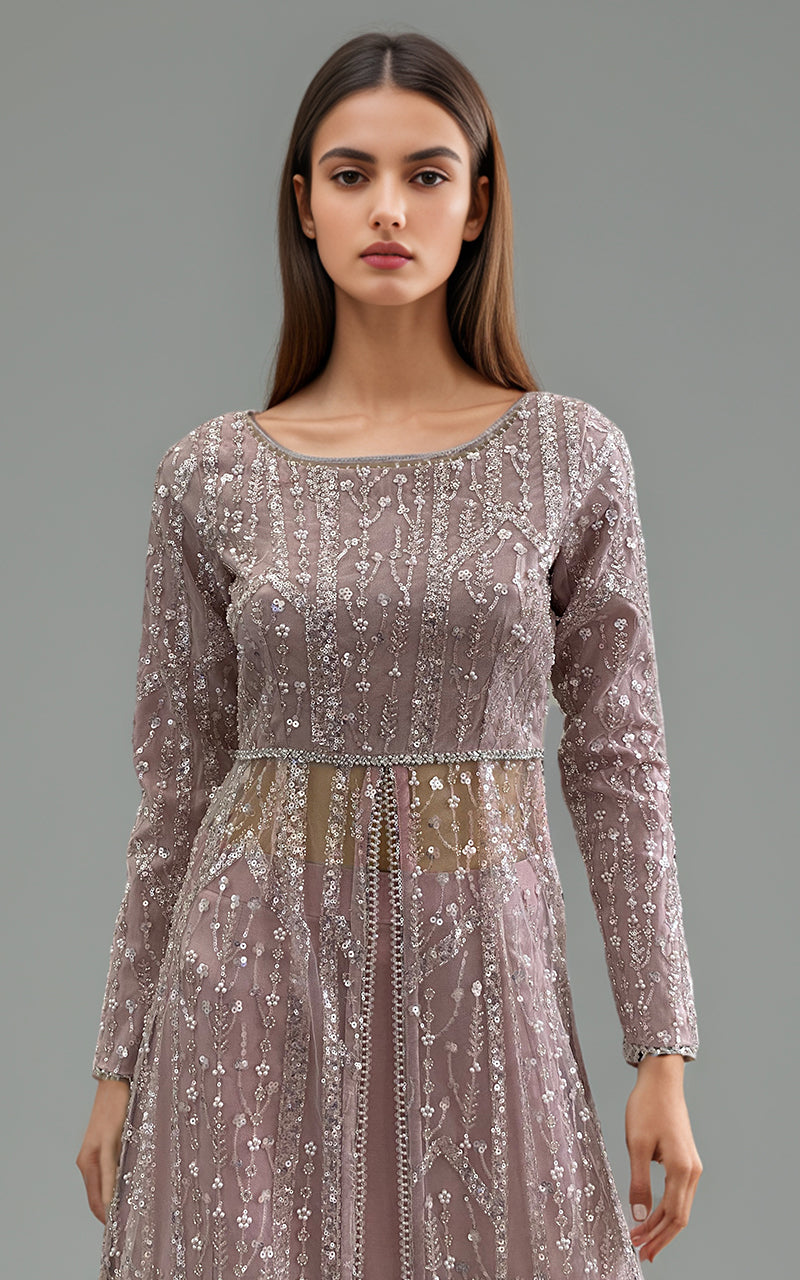 Dusty Mauve Embroidered Net Maxi Dress (2-Piece) - Image 2