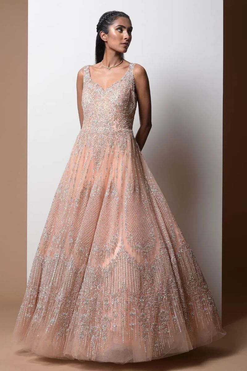 Indian Peach Sequined Net Floor-Length Gown (1-Pc) - Image 1
