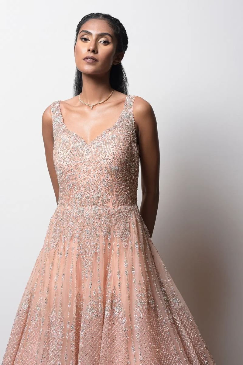 Indian Peach Sequined Net Floor-Length Gown (1-Pc) - Image 2