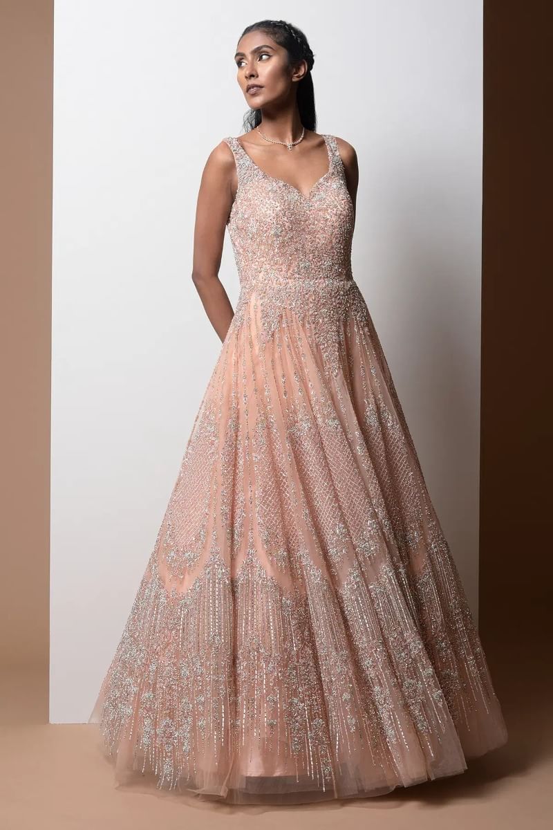 Indian Peach Sequined Net Floor-Length Gown (1-Pc) - Image 3
