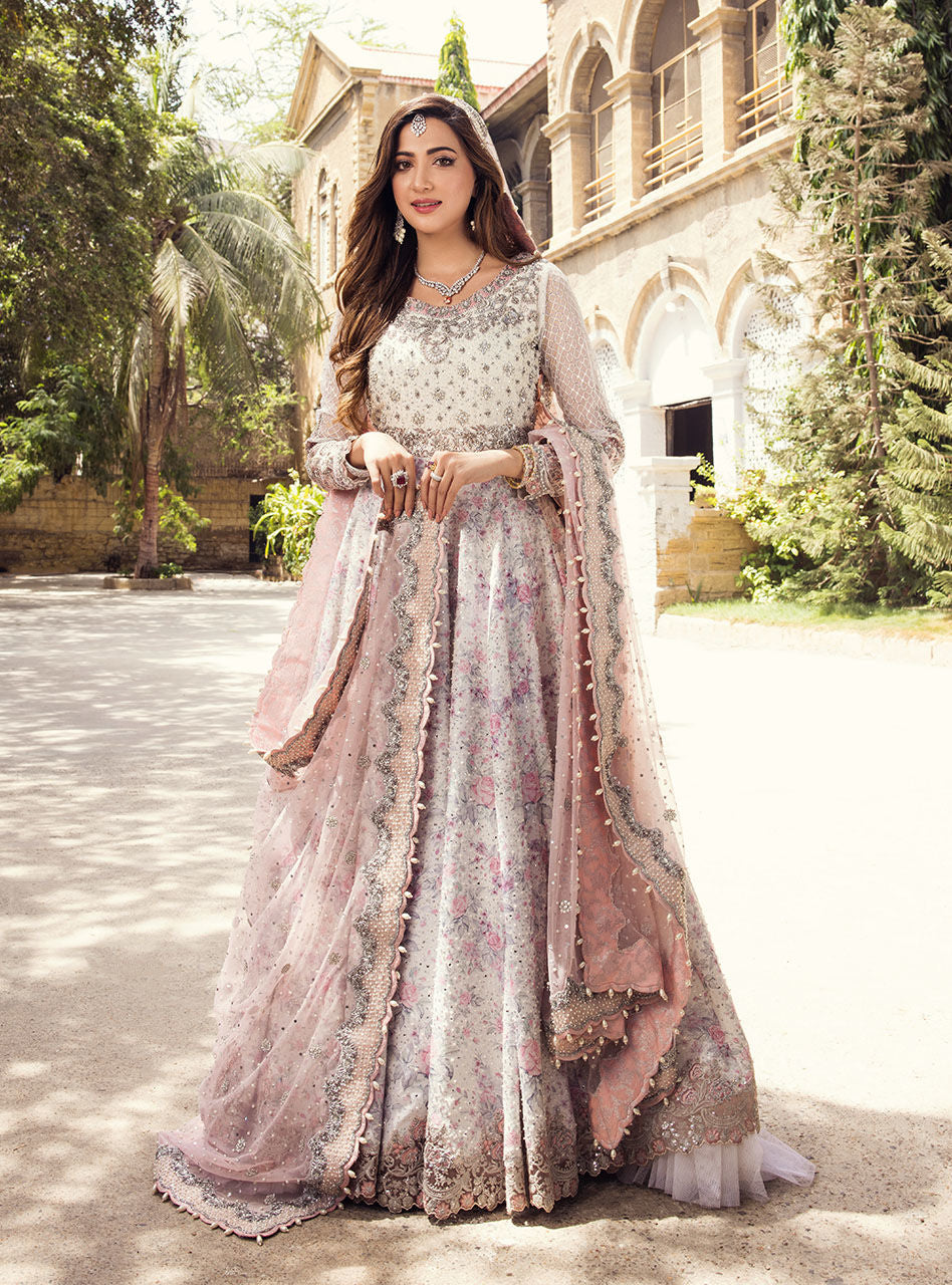 Pakistani Powder Pink Embroidered Net Silk Bridal Gown (2-Piece) - Image 1