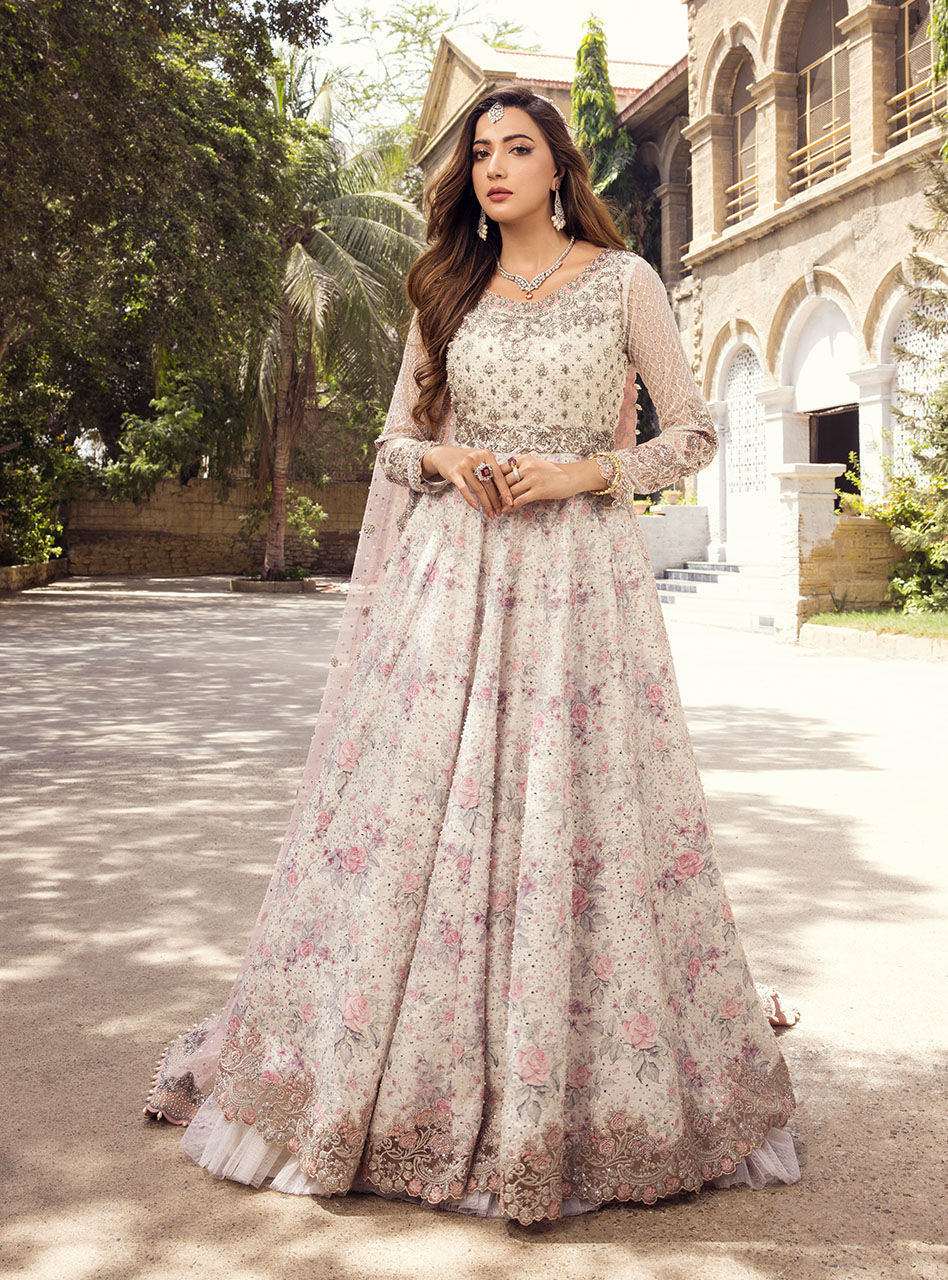 Pakistani Powder Pink Embroidered Net Silk Bridal Gown (2-Piece) - Image 2
