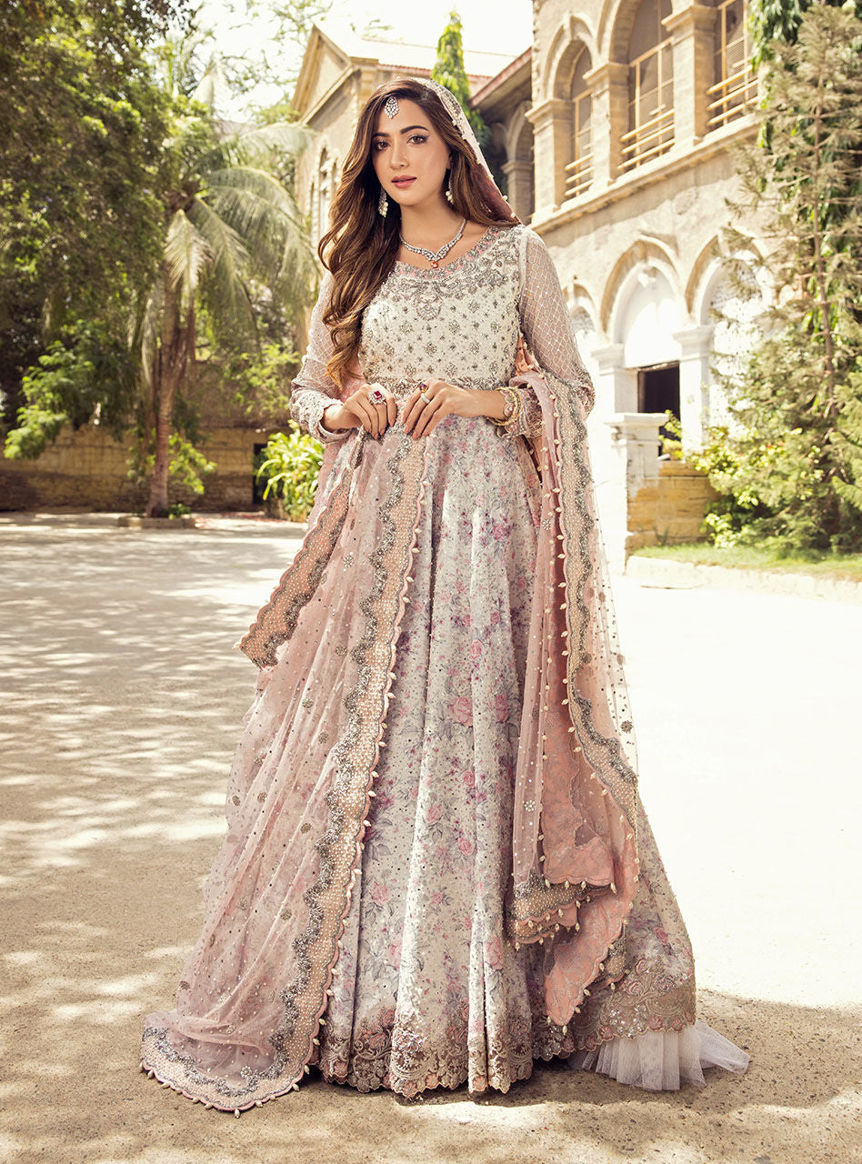Pakistani Powder Pink Embroidered Net Silk Bridal Gown (2-Piece) - Image 4