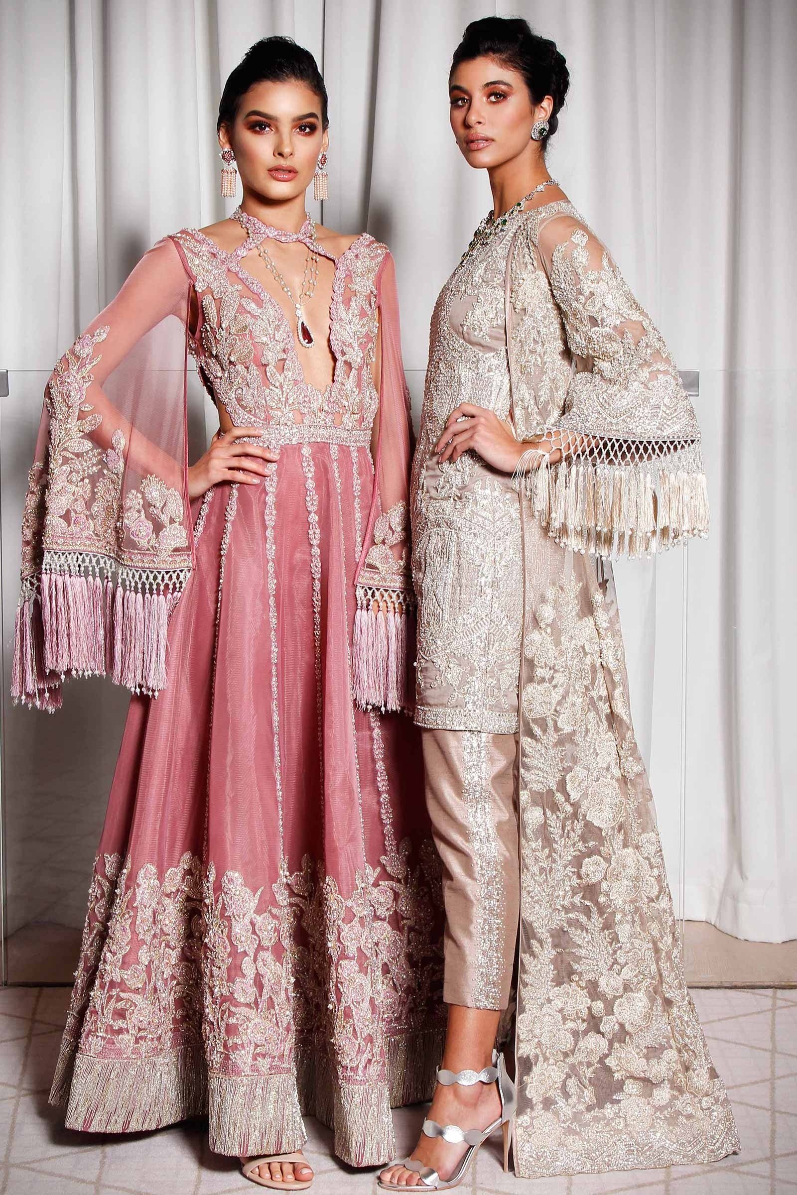 Pakistani Misty Rose Embellished Net Silk Bridal Gown (1-Pc) - Image 1