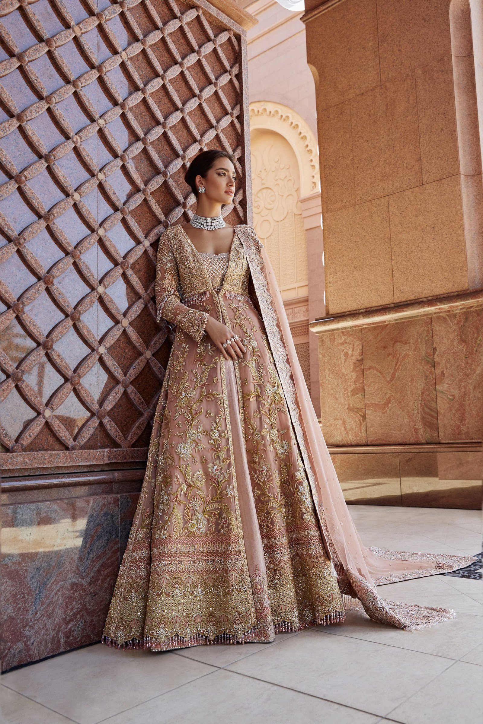 Coral Pink Embellished Net Bridal Gown (2-Piece) - Image 1