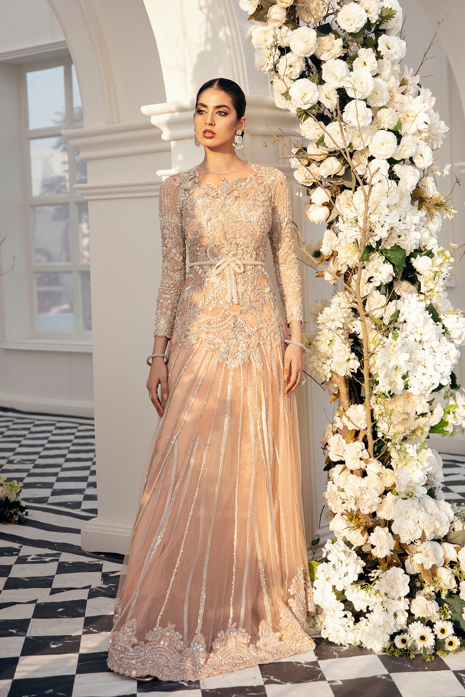 Pakistani Peach Silver Embroidered Net Gown (3-Piece) - Image 1