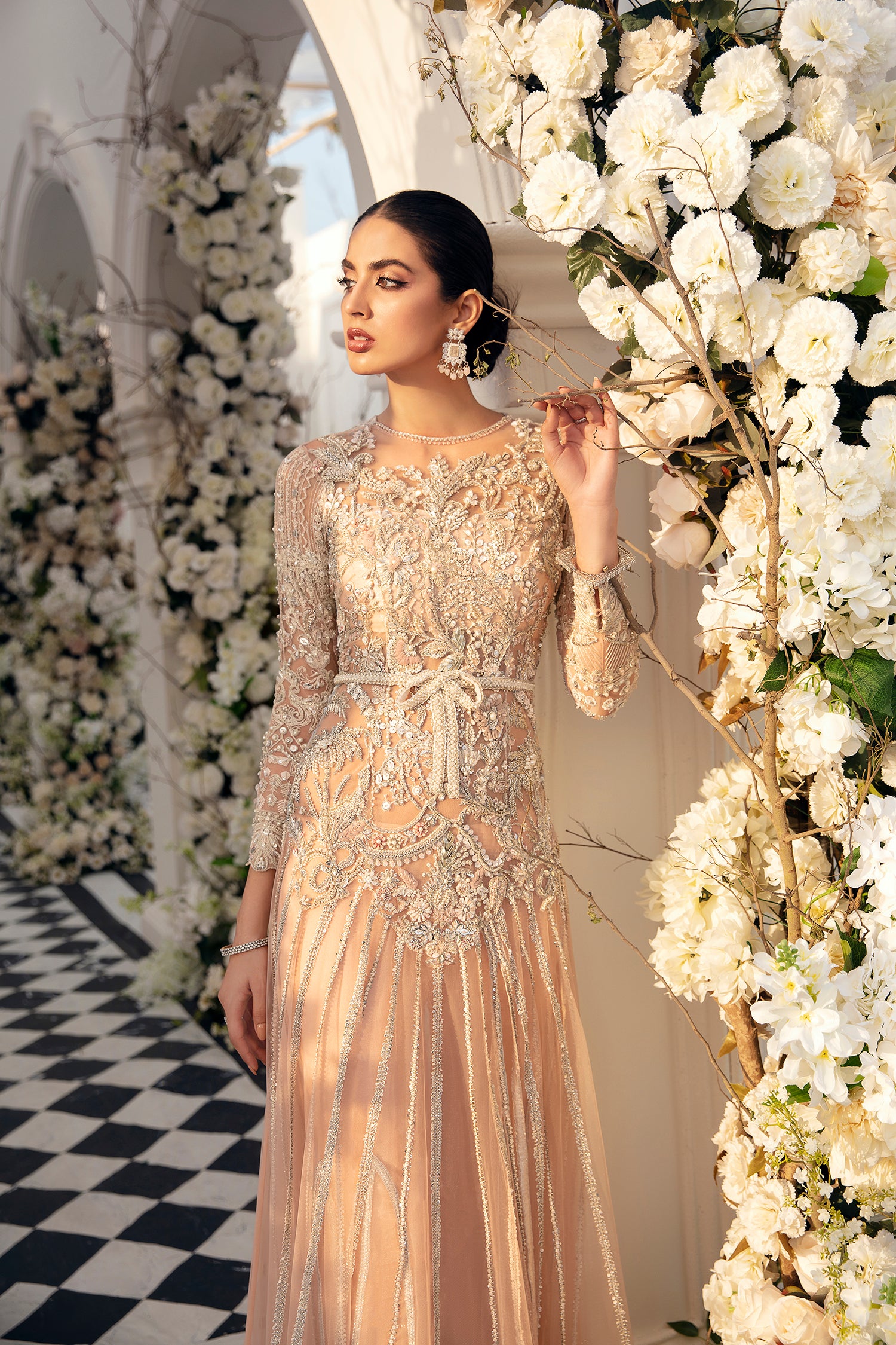 Pakistani Peach Silver Embroidered Net Gown (3-Piece) - Image 2