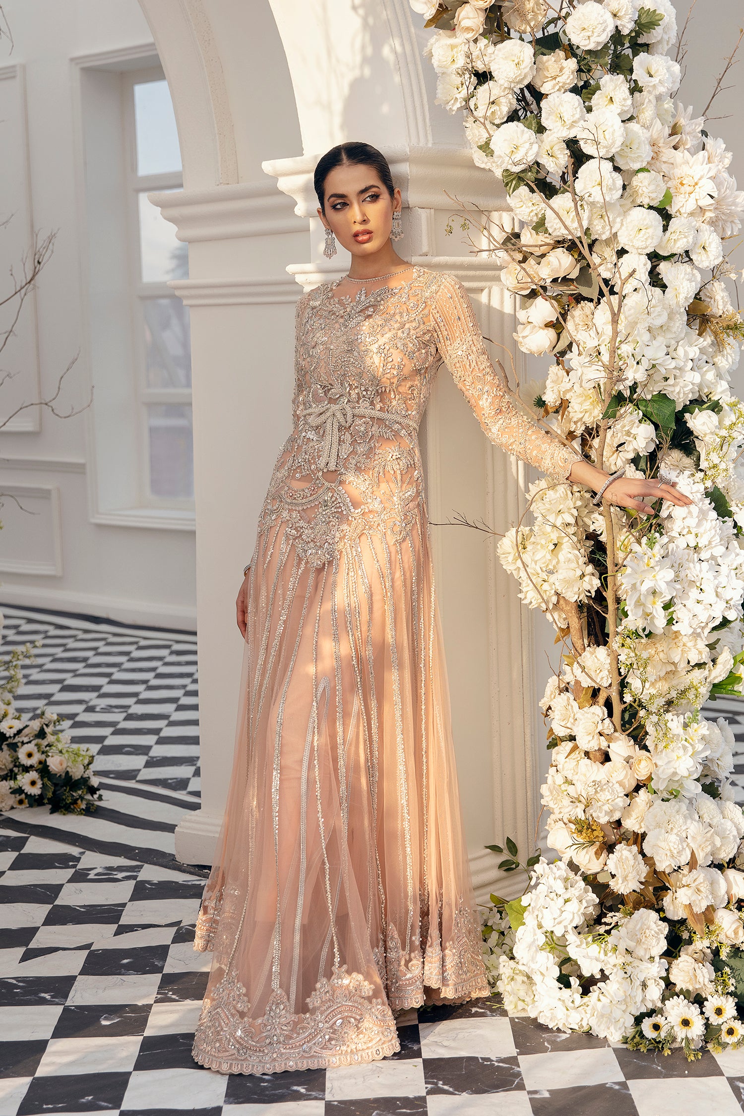 Pakistani Peach Silver Embroidered Net Gown (3-Piece) - Image 3