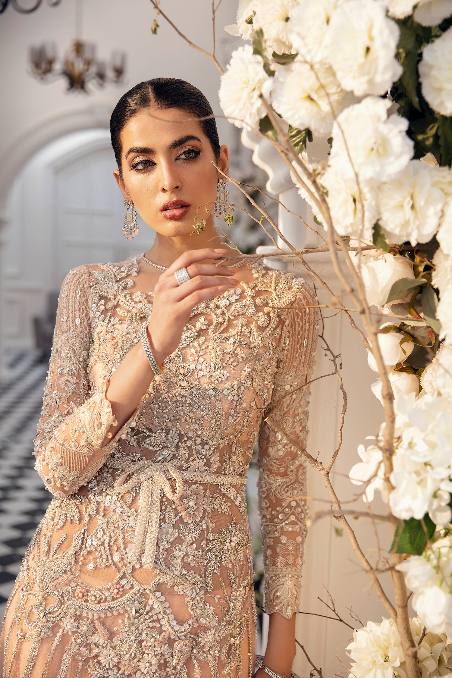 Pakistani Peach Silver Embroidered Net Gown (3-Piece) - Image 4